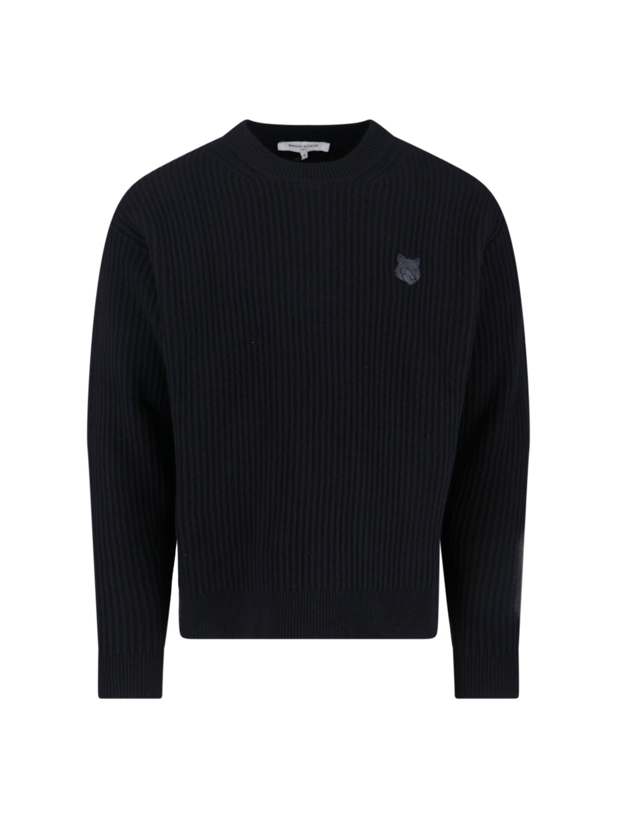 Maison Kitsuné Ribbed Knit Sweater With Cropped Fit And Embroidered Emblem In Black