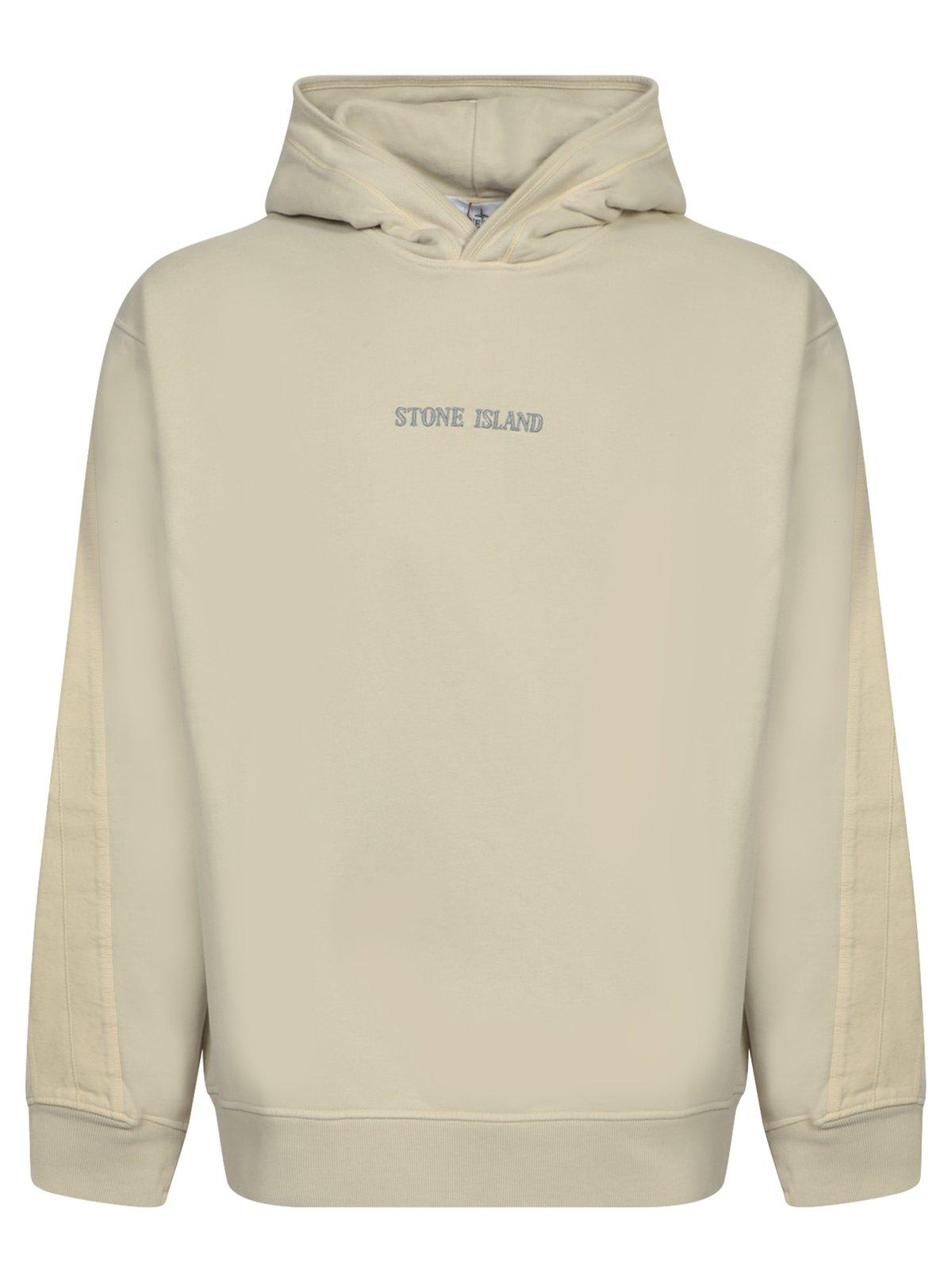 Shop Stone Island Long-sleeved Logo Embroidered Hoodie In Bianco