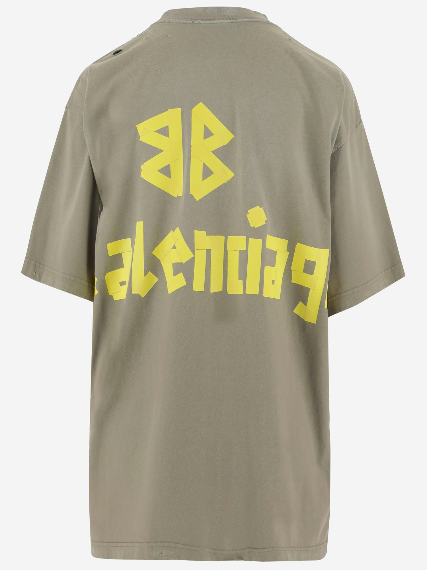 Balenciaga Crew Neck Distressed Neckline Graphic Print In Green