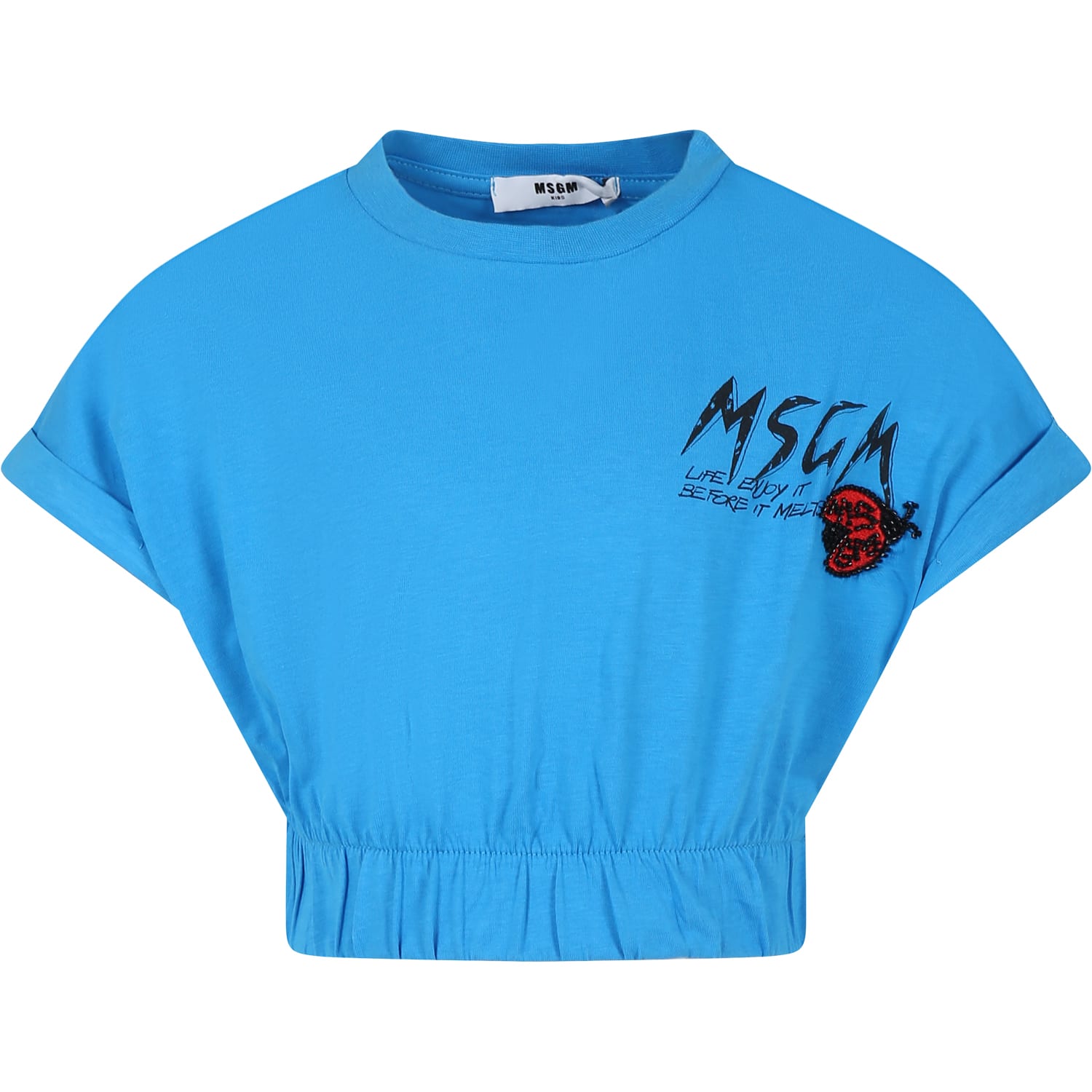 Shop Msgm Light Blue Crop T-shirt For Girl With Logo And Ladybug