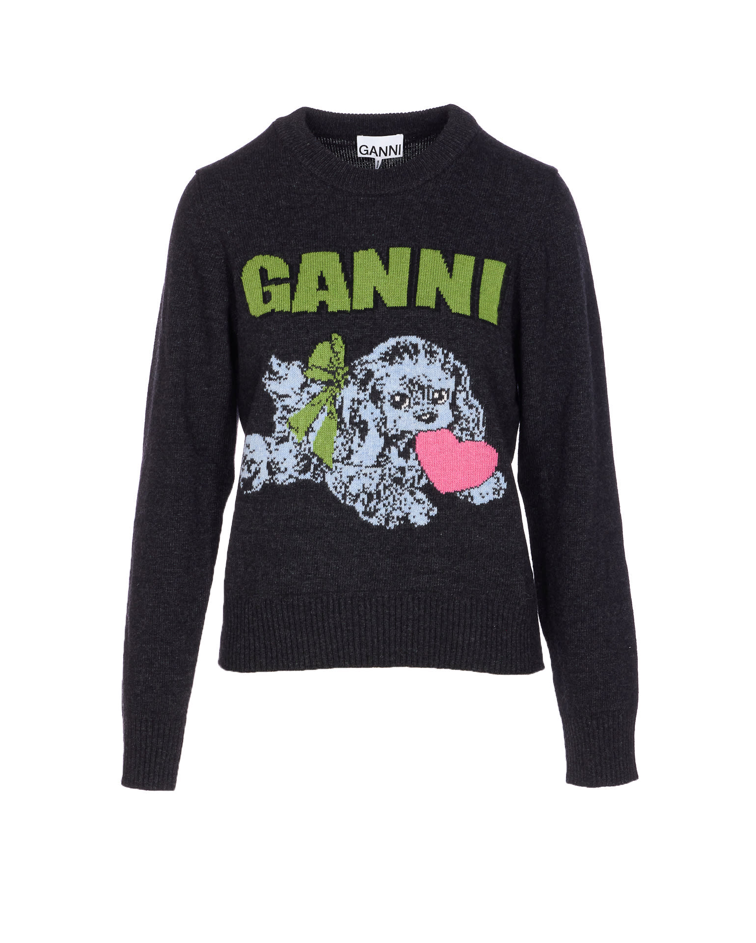Ganni Playful Puppy Love Graphic Wool Blend Crewneck Sweater In Black