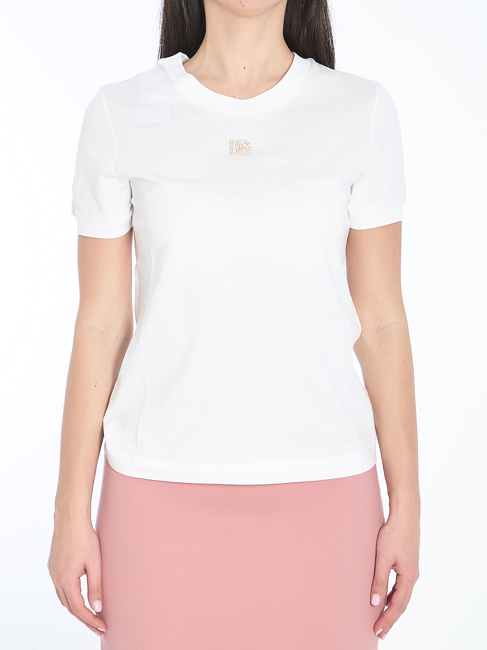 Dolce & Gabbana White T-shirt With Dg Logo On The Front Finished With Rhinestones In Cotton Woman In White