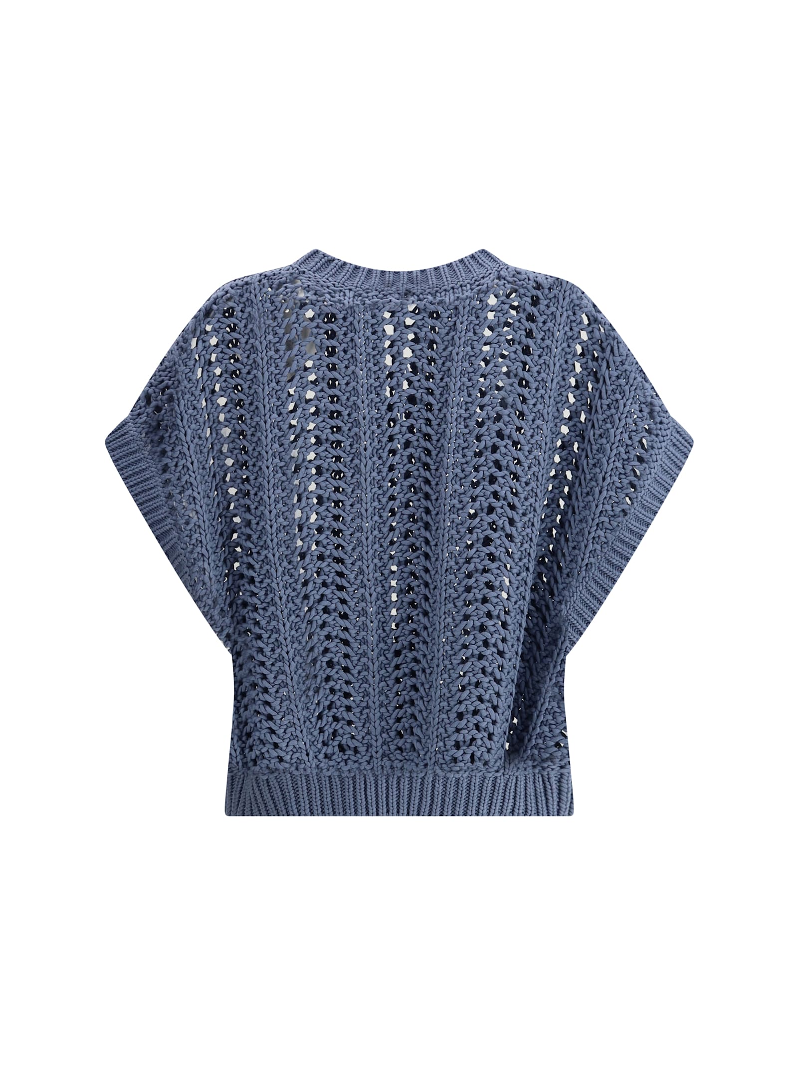 Brunello Cucinelli Knit Vest Lace Detail In Avio