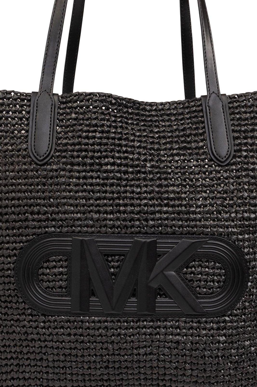 Shop Michael Kors Eliza Extra-large Empire Logo Straw Tote Bag In Nero