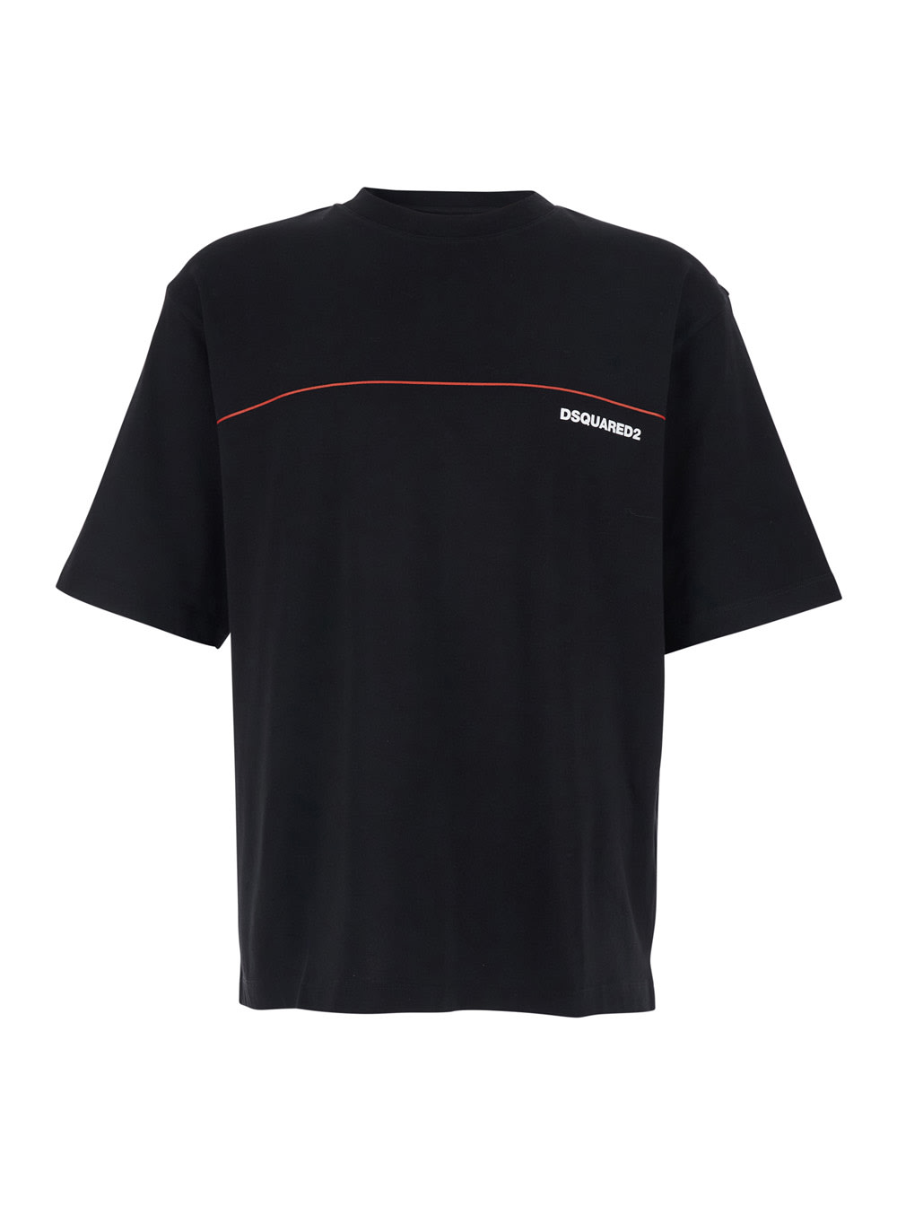 Dsquared2 Black Crew Neck T-shirt With Raised Collar And Logo On The Front In Cotton Man