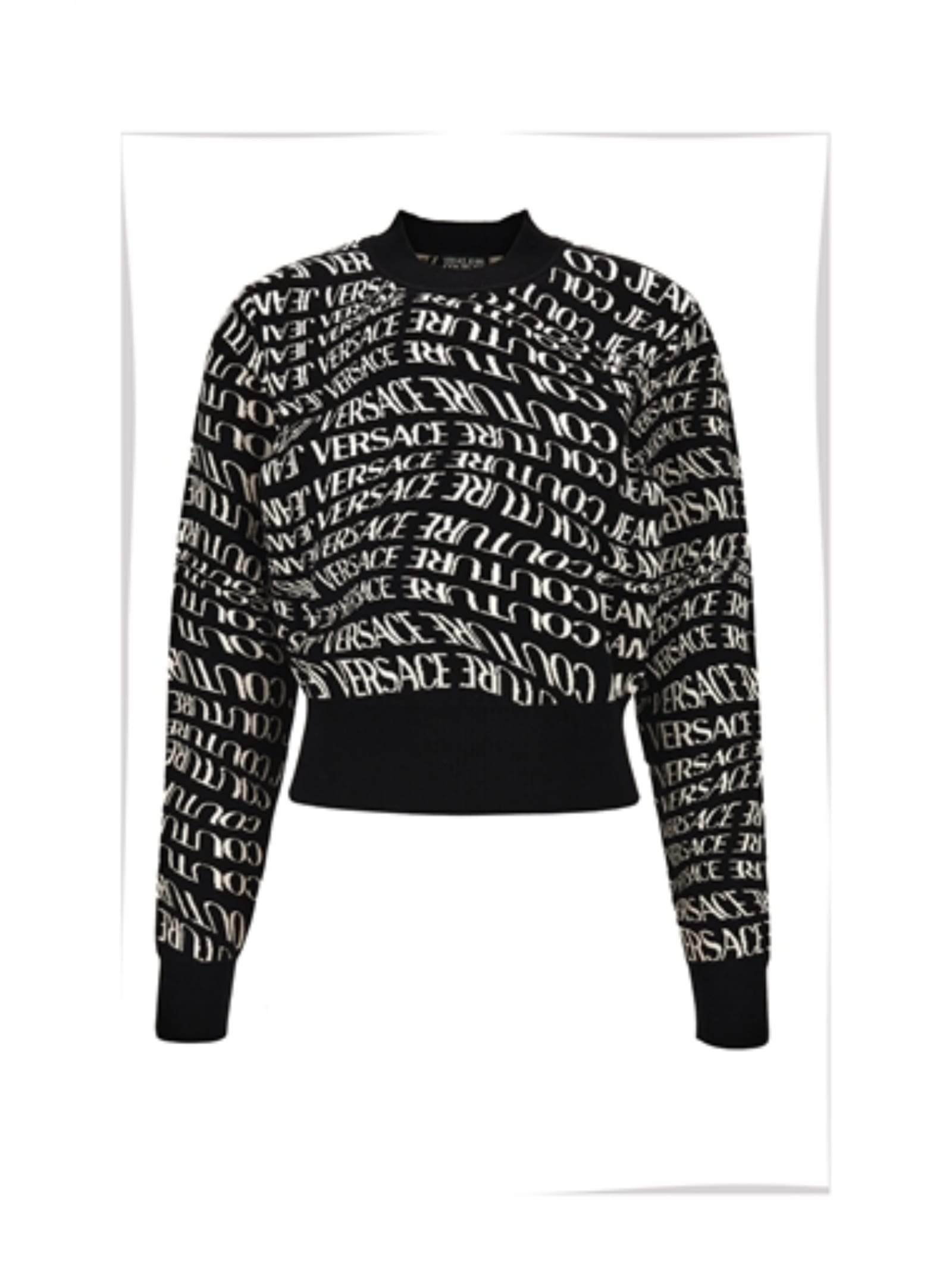 Versace Black Cropped Sweater With Contrast Logo Pattern In Black