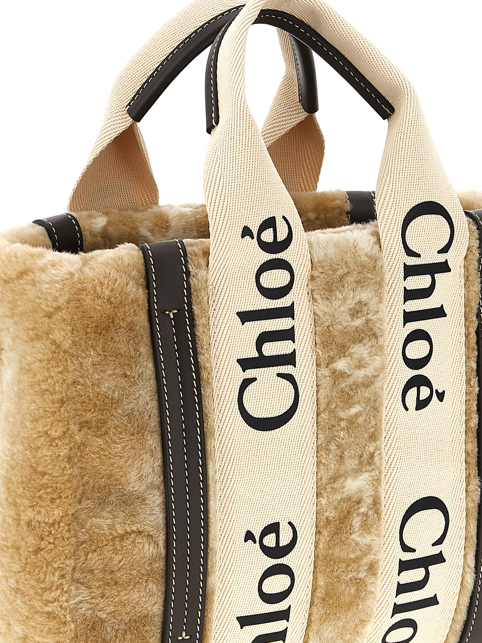 Chloé Small Woody Tote Bag In Shearling In Neutral