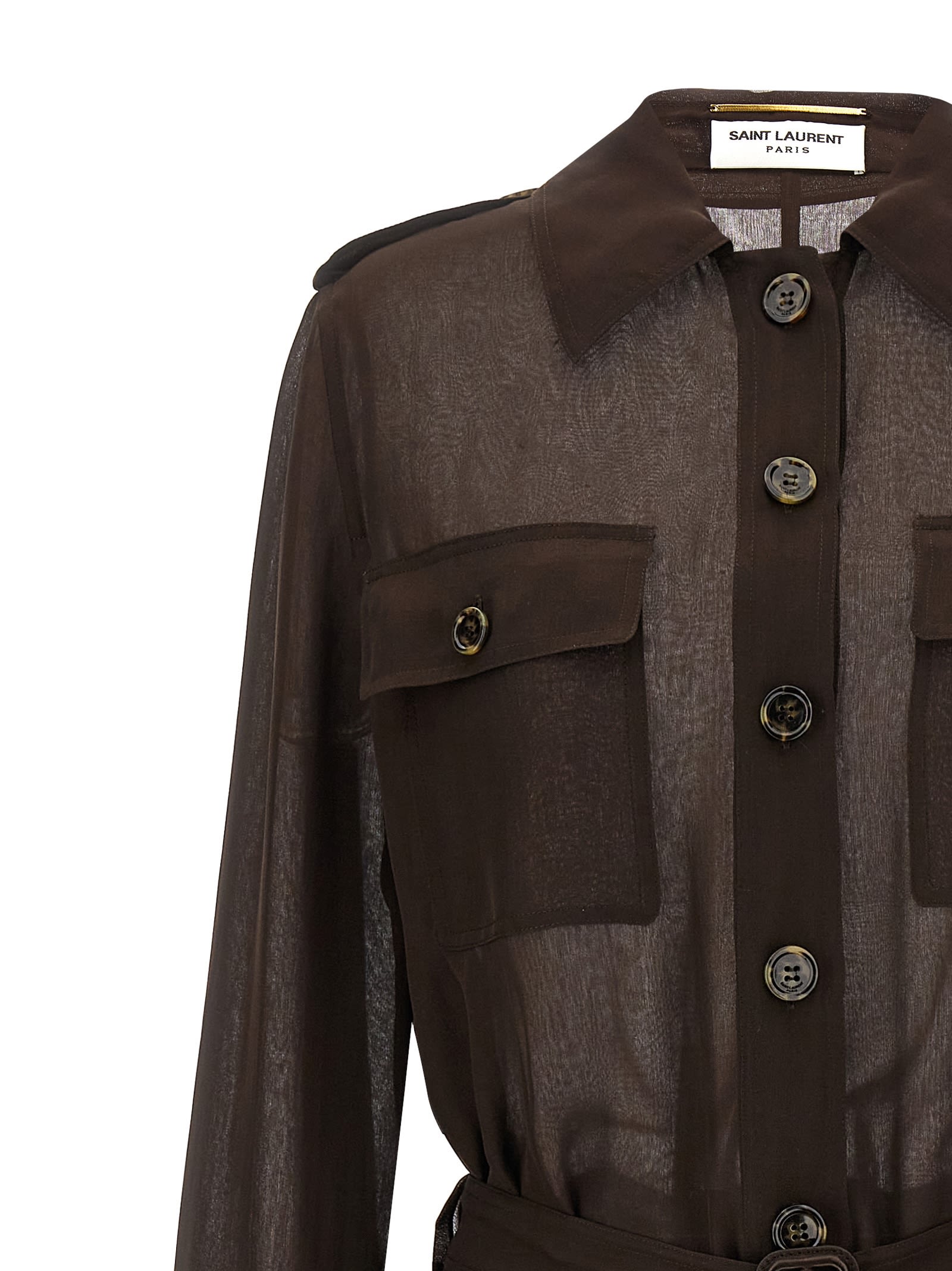 Saint Laurent Biologic Silk Dress With Belt At Waist In Brown