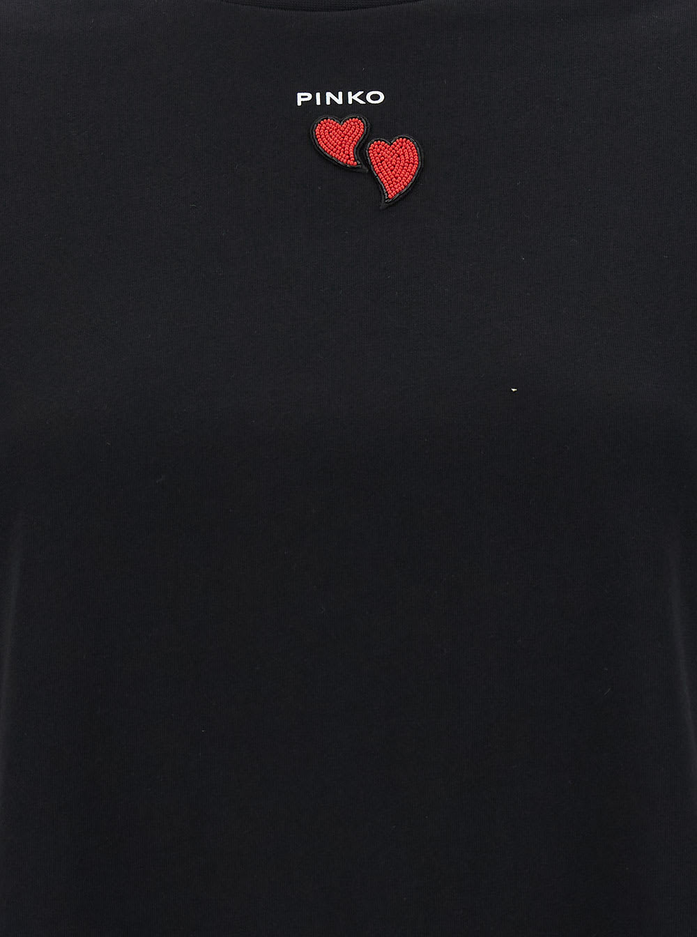 Shop Pinko Black Crewneck T-shirt With Logo And Heart Embroidery In Cotton Woman