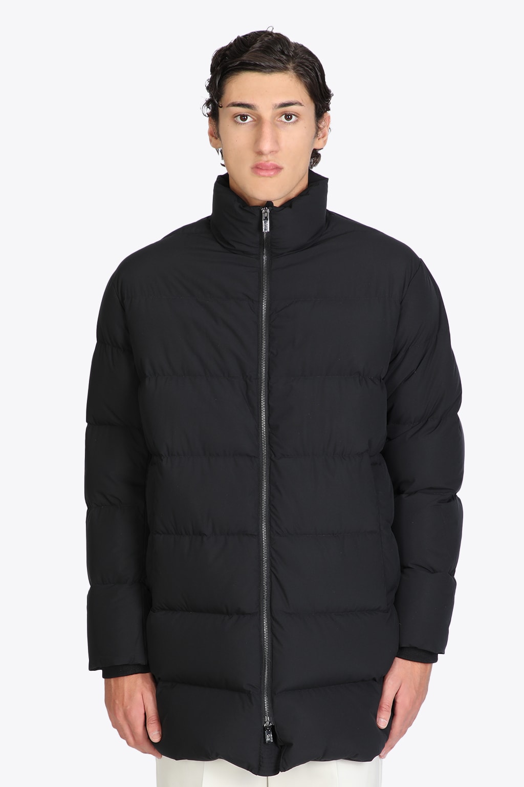 Emporio Armani Down Jacket Black stretch nylon mid-lenght puffer jacket.