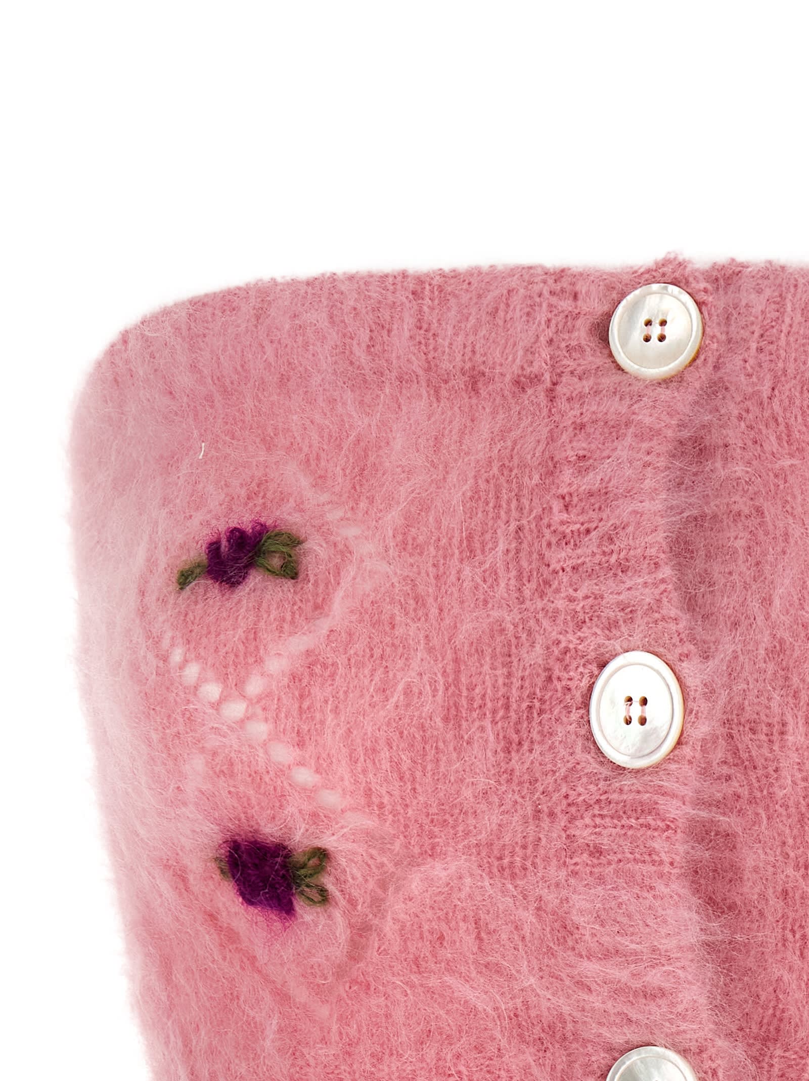 Alessandra Rich Mohair Top With Button Detailing And Floral Embroidery In Pink