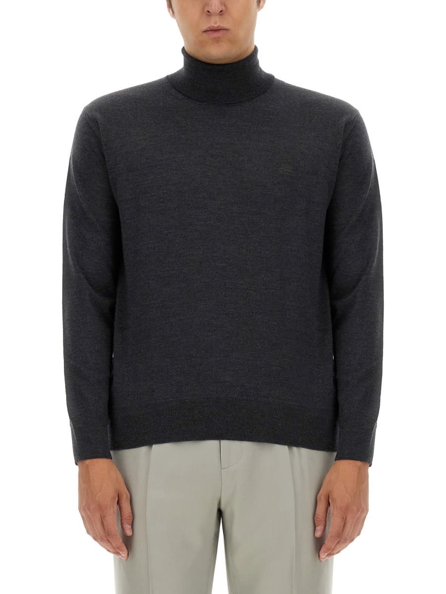 Shop Etro Turtleneck With Embroidery In Charcoal