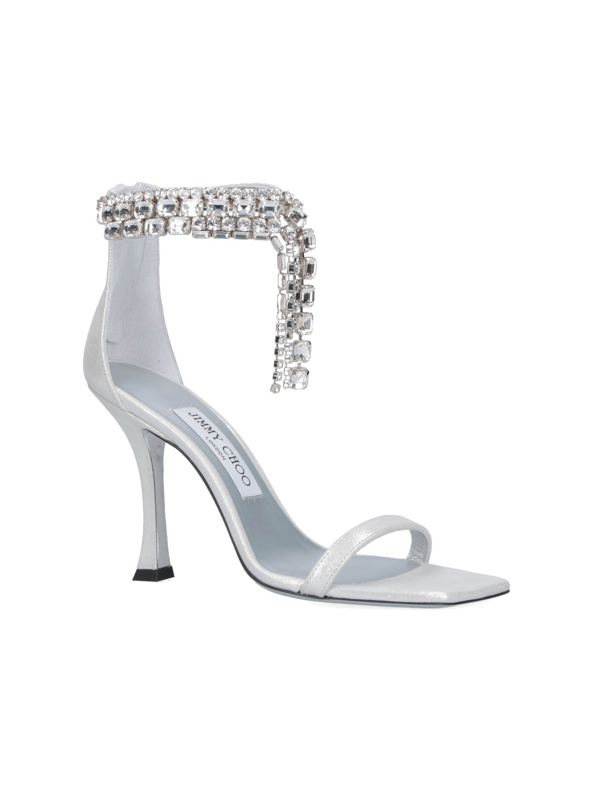Jimmy Choo 'crystal' Metallic Sandals With Rhinestoned Ankle Strap And High Curved Heel In Silver