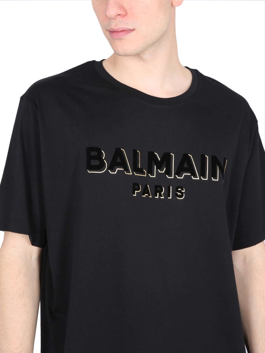 Shop Balmain Flocked And Metallic Logo T-shirt In Black
