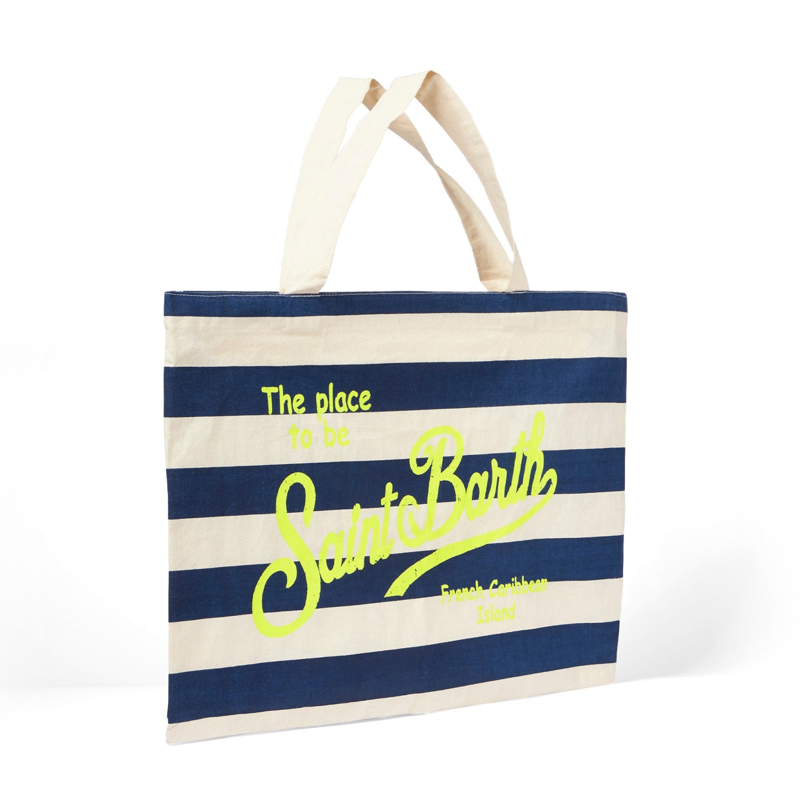 Mc2 Saint Barth Blue Striped Cotton Bag With Fluo Yellow Logo In Blue