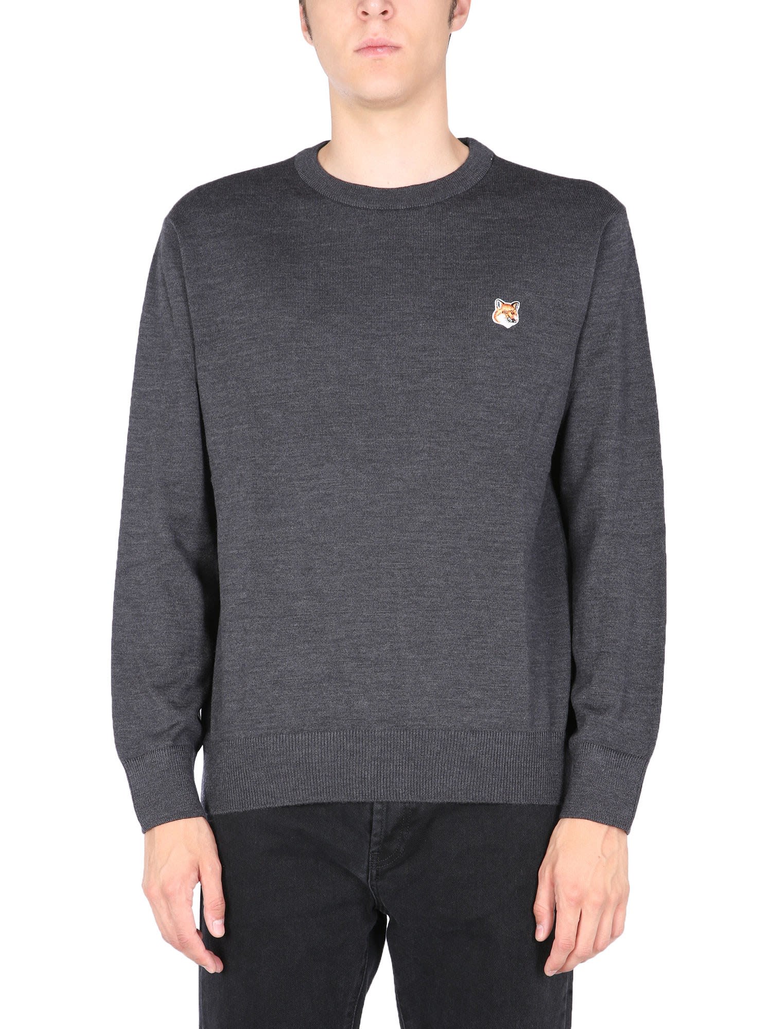 MAISON KITSUNÉ SWEATER WITH FOX HEAD PATCH,FM00528KT1036 ANTHRACITE