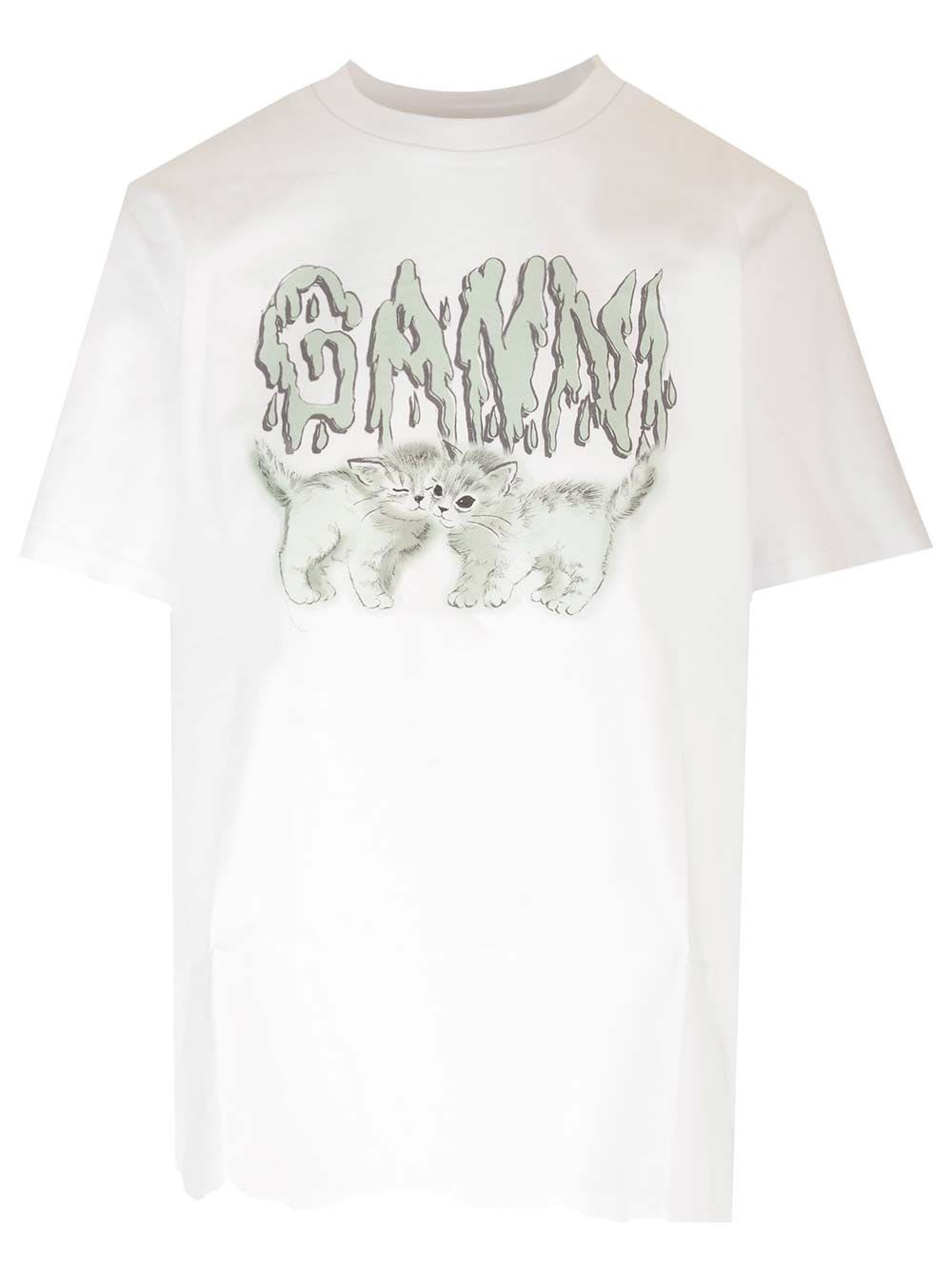 Shop Ganni Love Cats Relaxed T-shirt In White