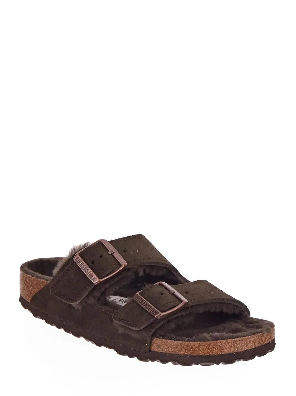 Birkenstock Arizona Double Strap Shearling Sandals In Marrone