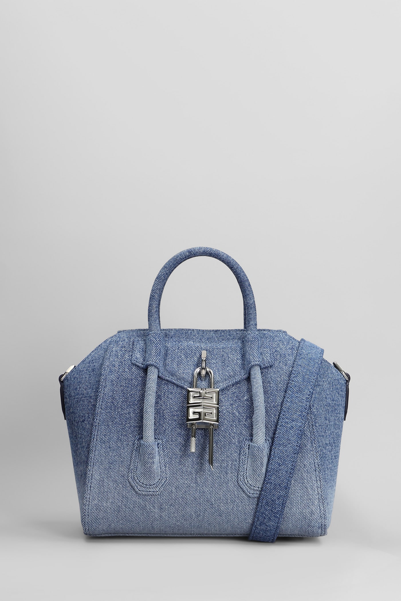 Antigona Lock Mini Shoulder Bag In Blue Cotton