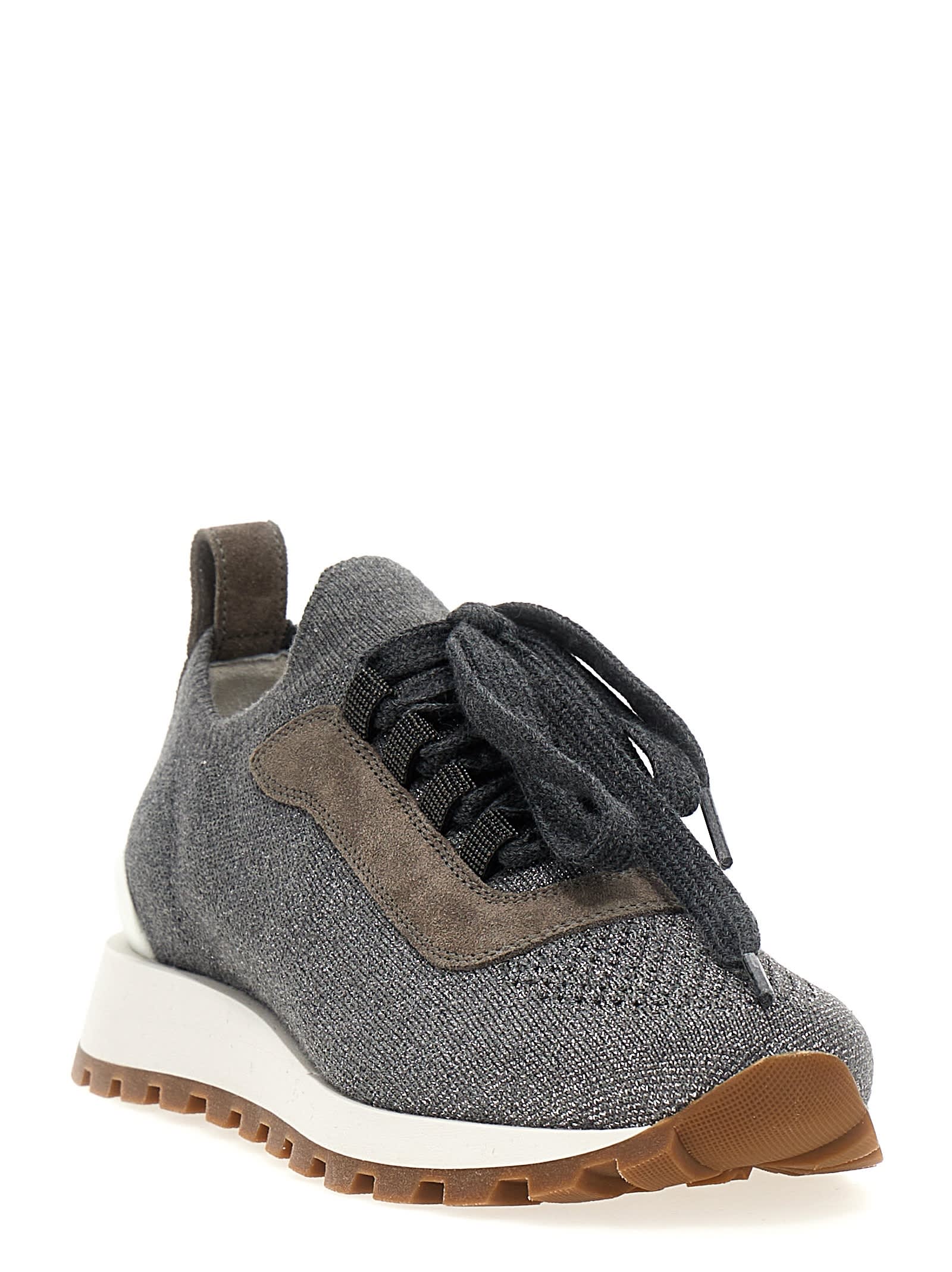 Shop Brunello Cucinelli Lurex Knit Sneakers In Gray