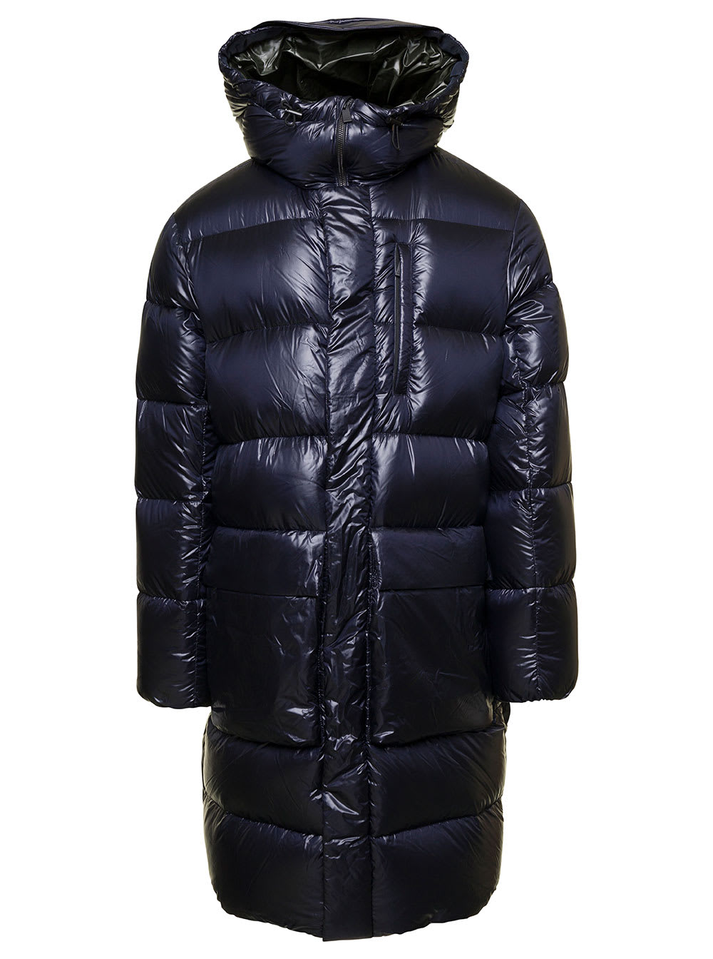 mejikino Long Blue Down Jacket With Hood And Logo Patch In Shiny Nylon Man