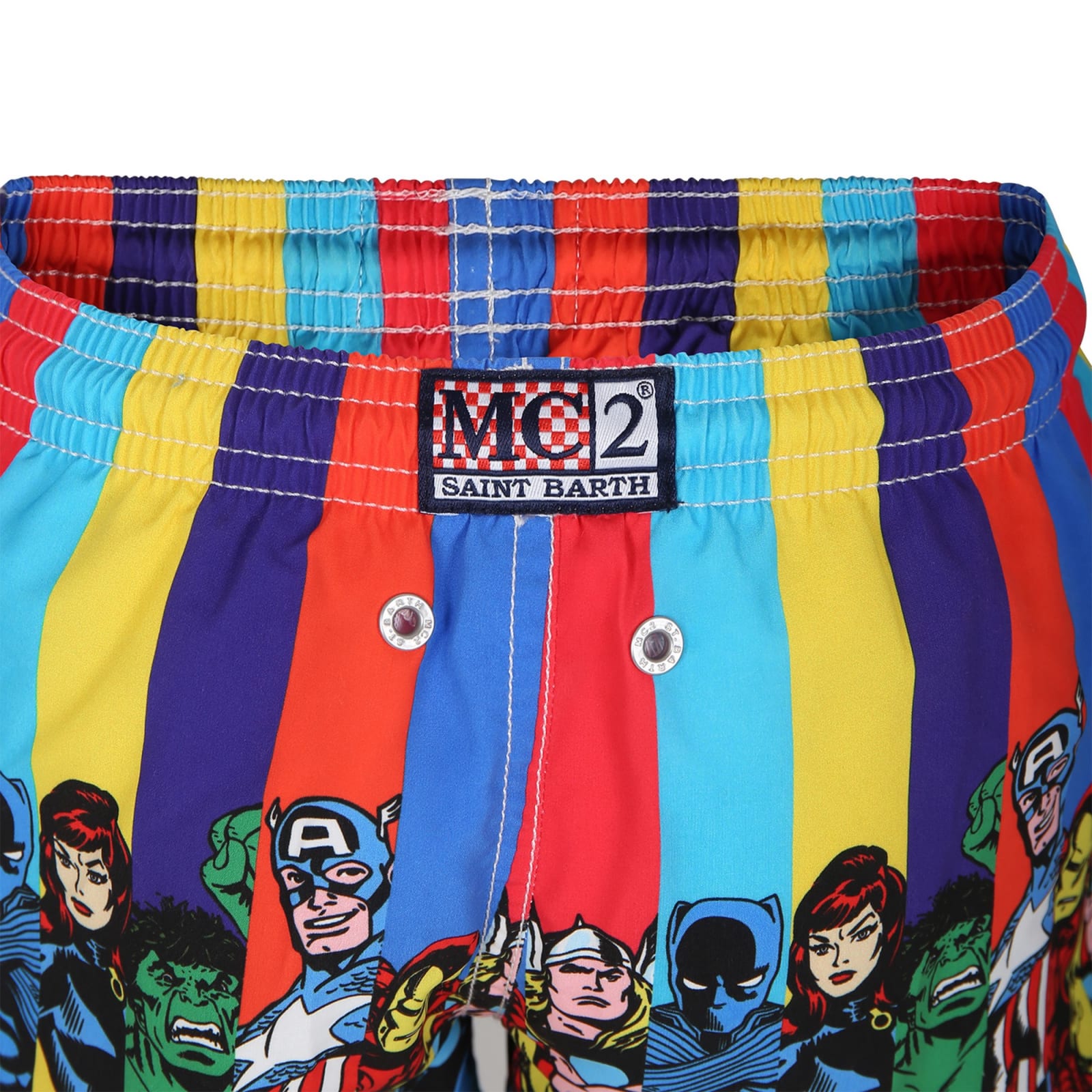 Mc2 Saint Barth Multicolor Swim Shorts For Boy With Marvel Superheroes Print And Logo In Multi