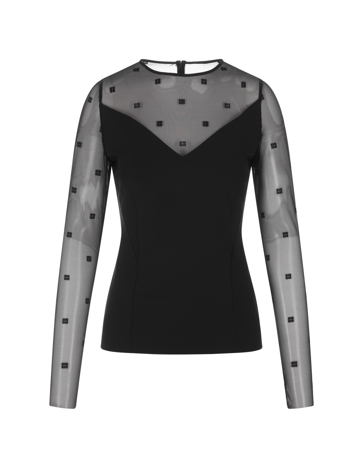 GIVENCHY BLACK MILANO STITCH TOP WITH TULLE 4G