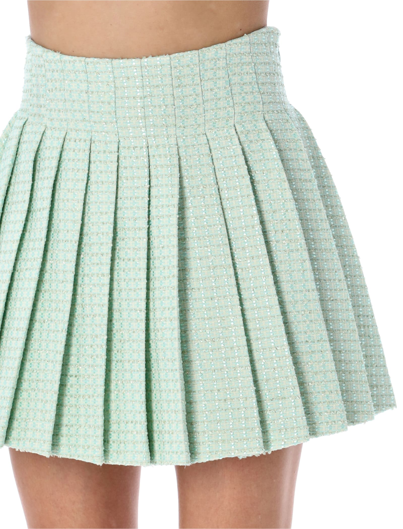 Shop Self-portrait Bouclé Pleated Mini Skirt In Mint