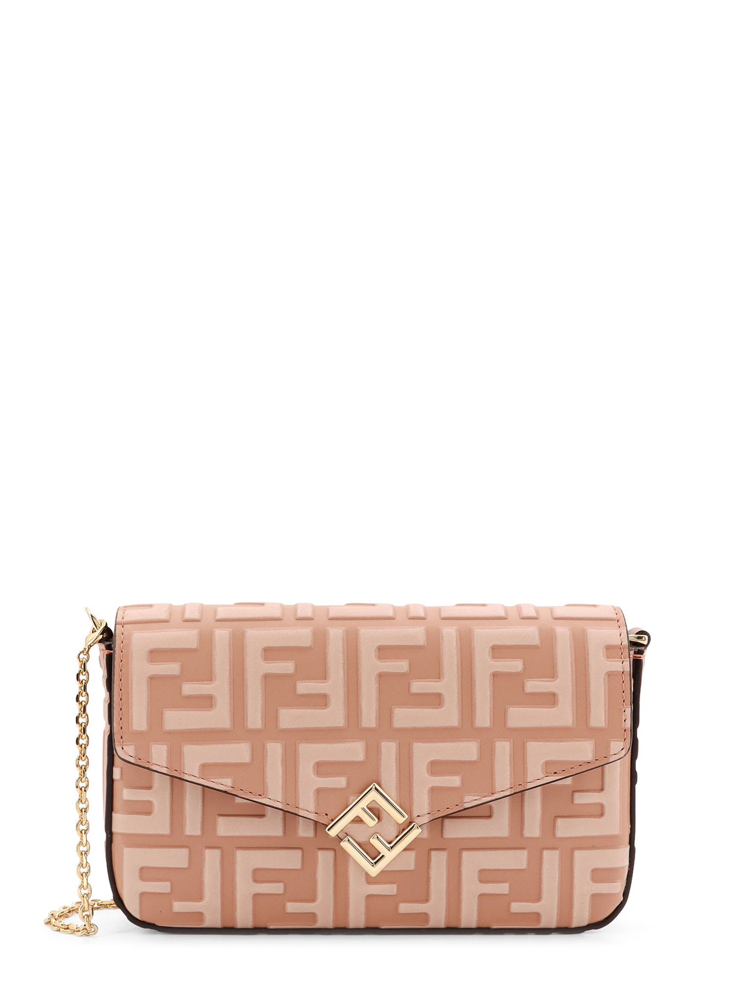 Fendi Wallet On Chain Leather Shoulder Bag With Ff Embossed Motif In Pink