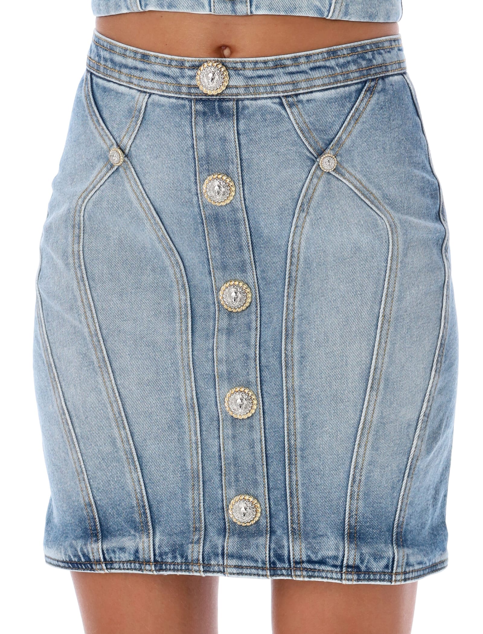 Shop Balmain Denim Mini Skirt In Light Blue