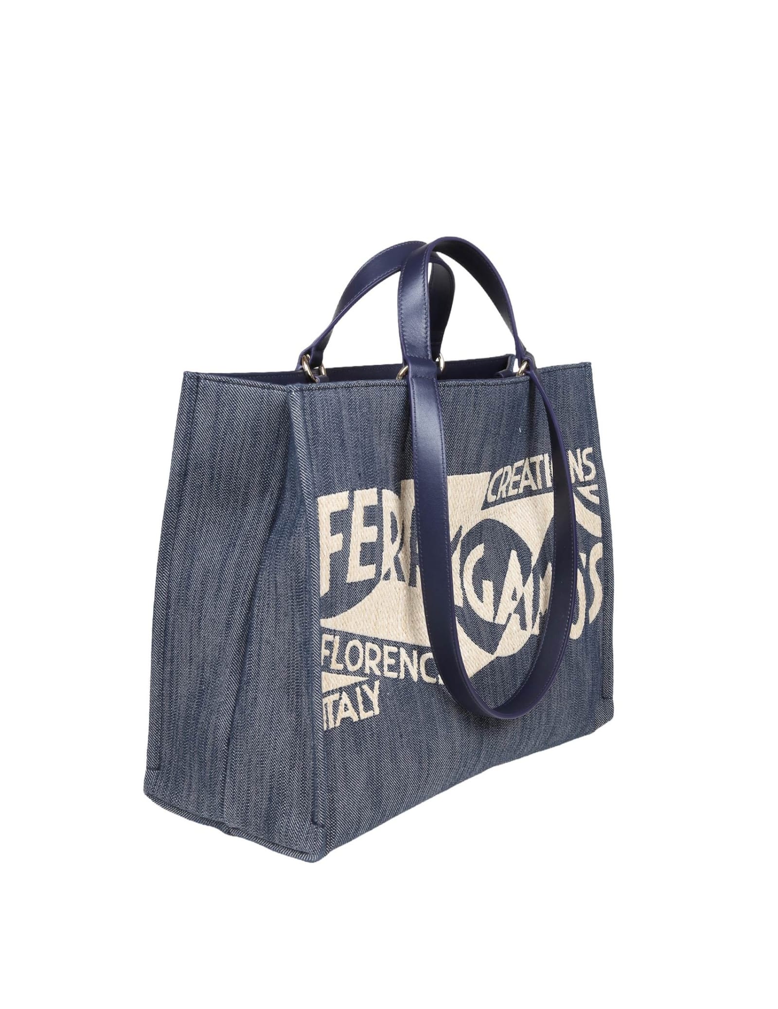 Shop Ferragamo Tote Bag (m) In Denim With Logo