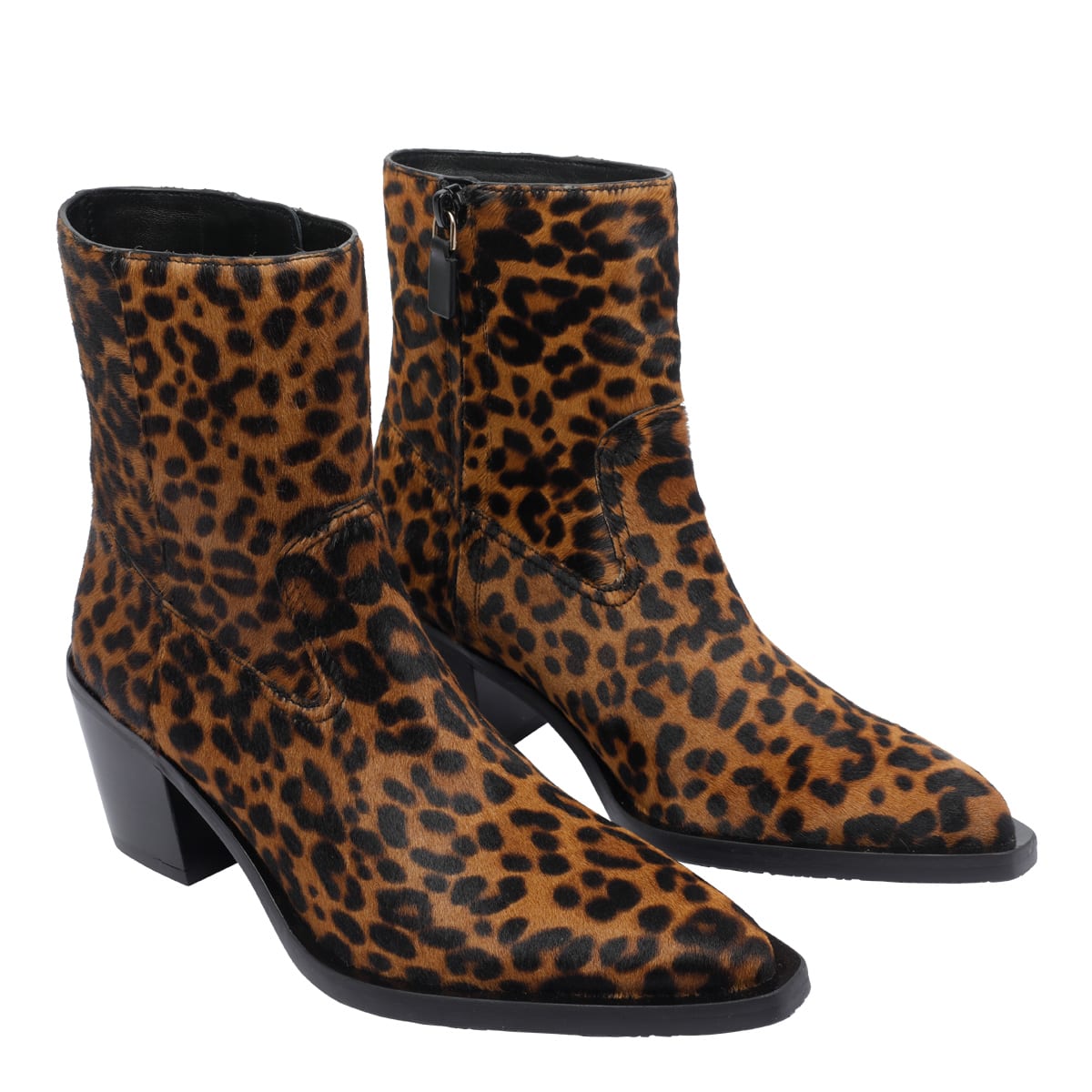 Stuart Weitzman Animalier Print Block Heel Pointed Toe Boots In Brown