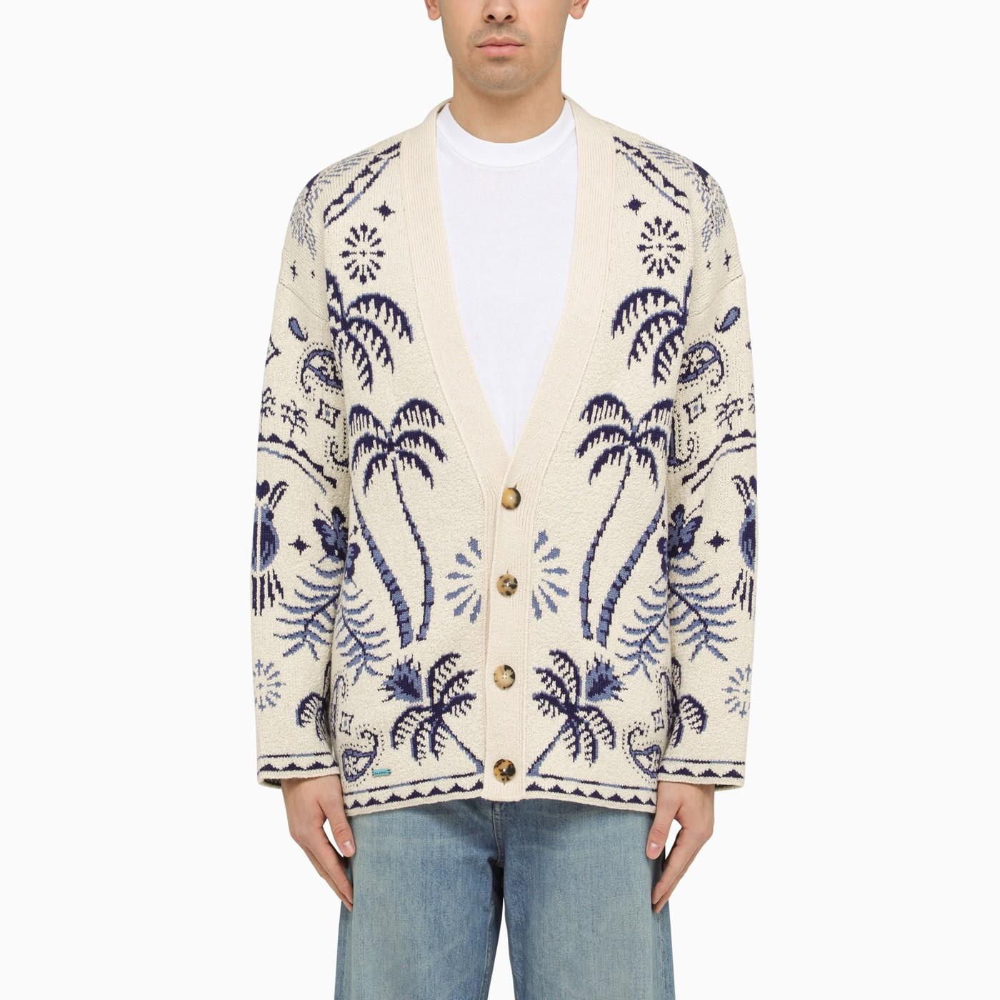 White/blue Jacquard Cardigan In Wool And Cotton