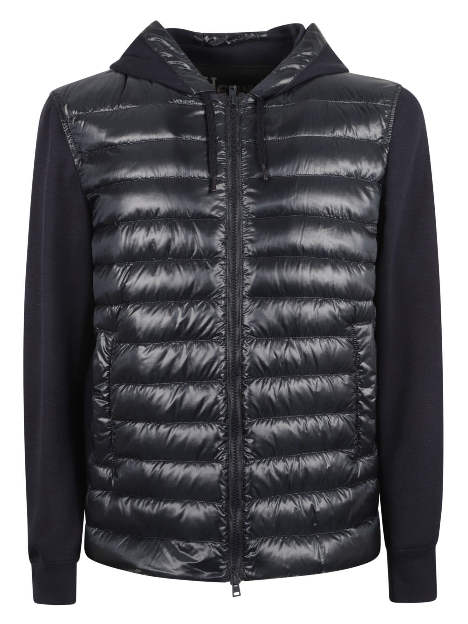 Herno Knit Paneled Hooded Puffer Jacket In Blue Navy