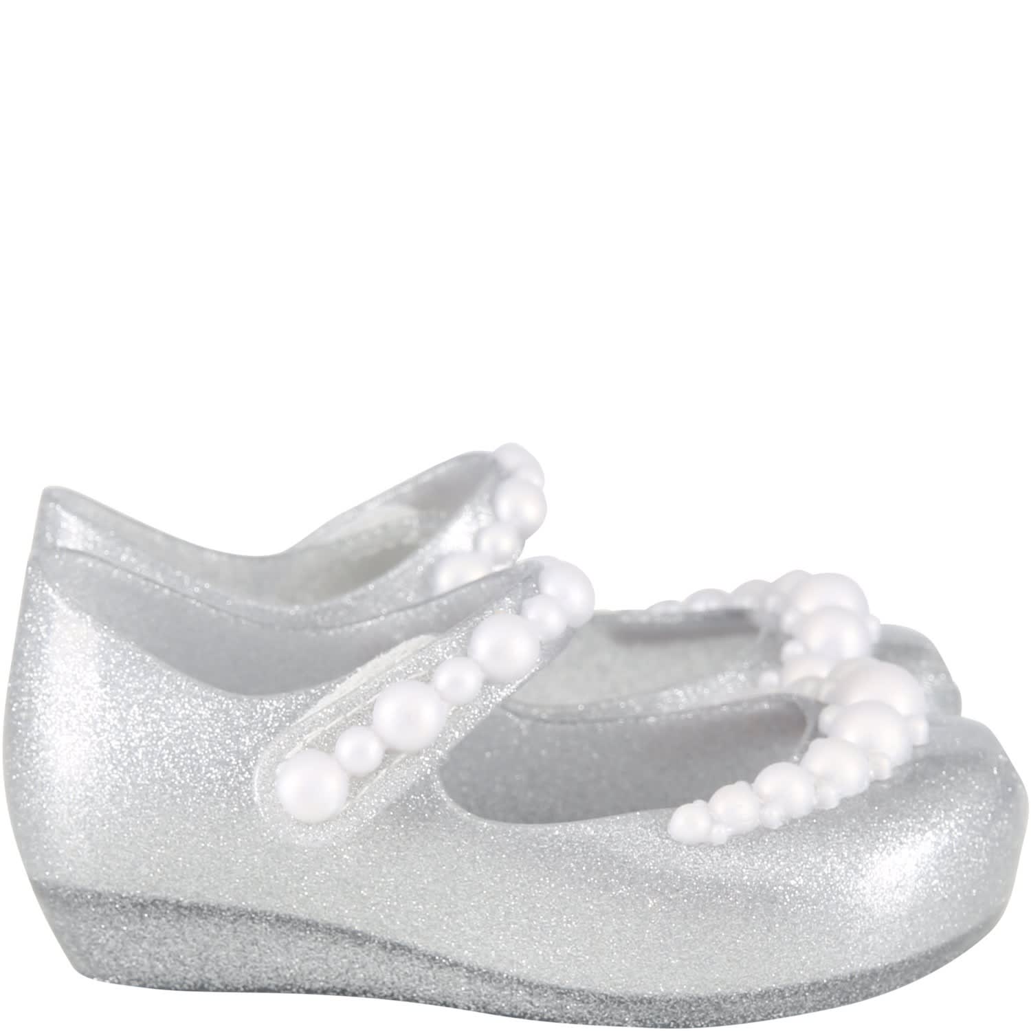 Melissa Silver Ballerina Flats For Girl With Pearls