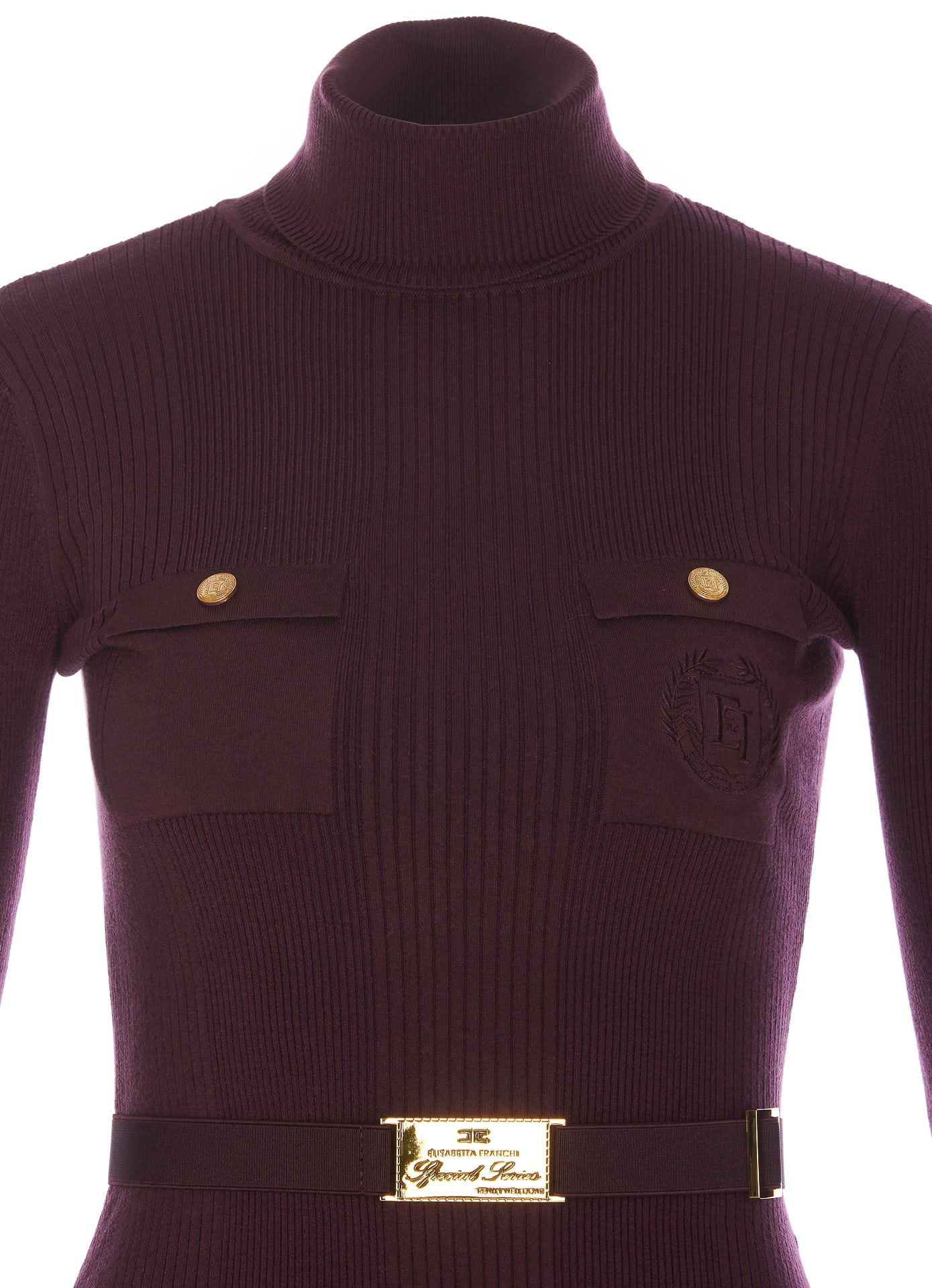 Shop Elisabetta Franchi Logo Embroidered Sweater With Belt  In Bordeaux