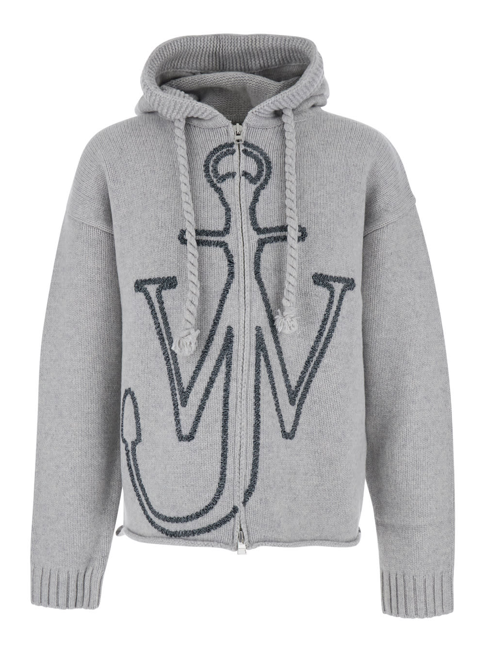 Jw Anderson Mens Light Grey Melange Anchor Zip-up Knitted Wool Hoody Xl In Gray
