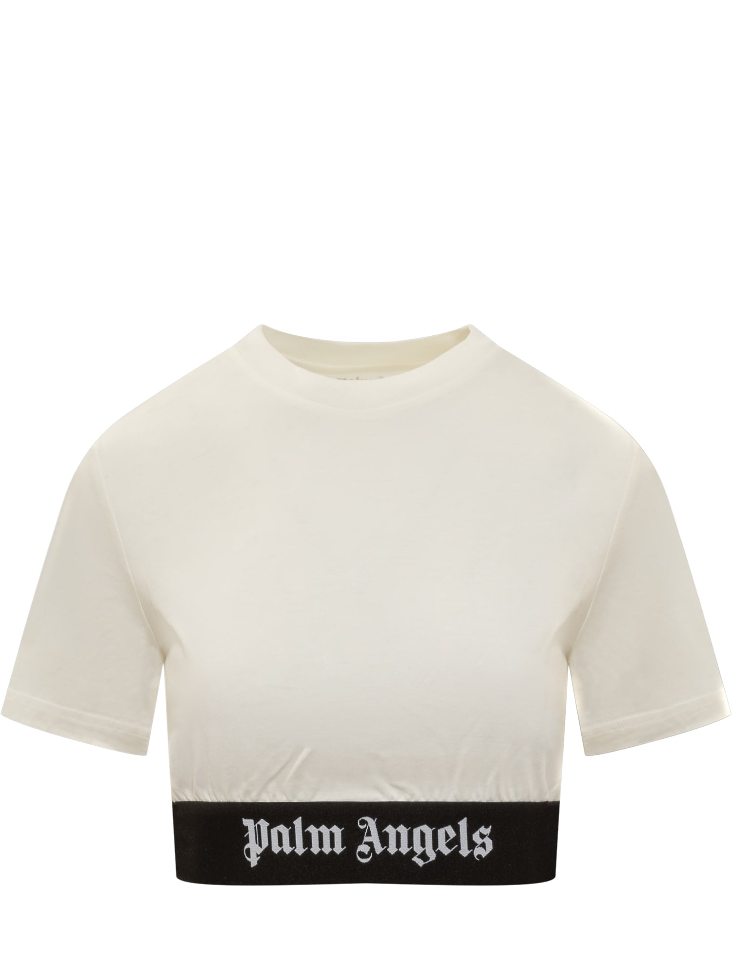 Shop Palm Angels Logo Tape Crop T-shirt In Off White
