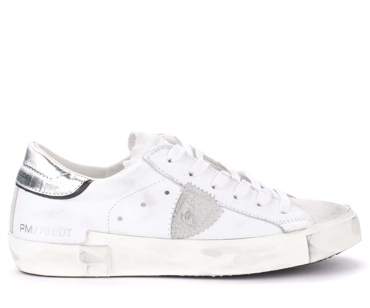Philippe Model Paris X Sneaker In White Leather With Silver Spoiler