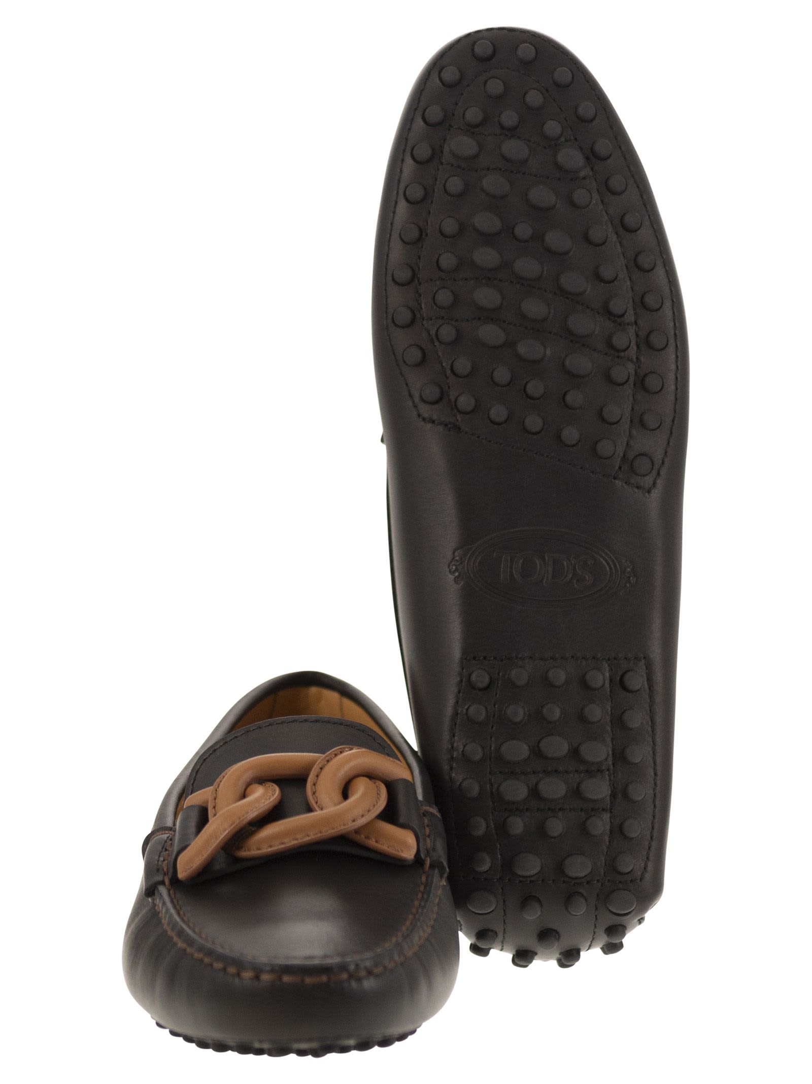 Shop Tod's Moccasin With Leather Chain In Black