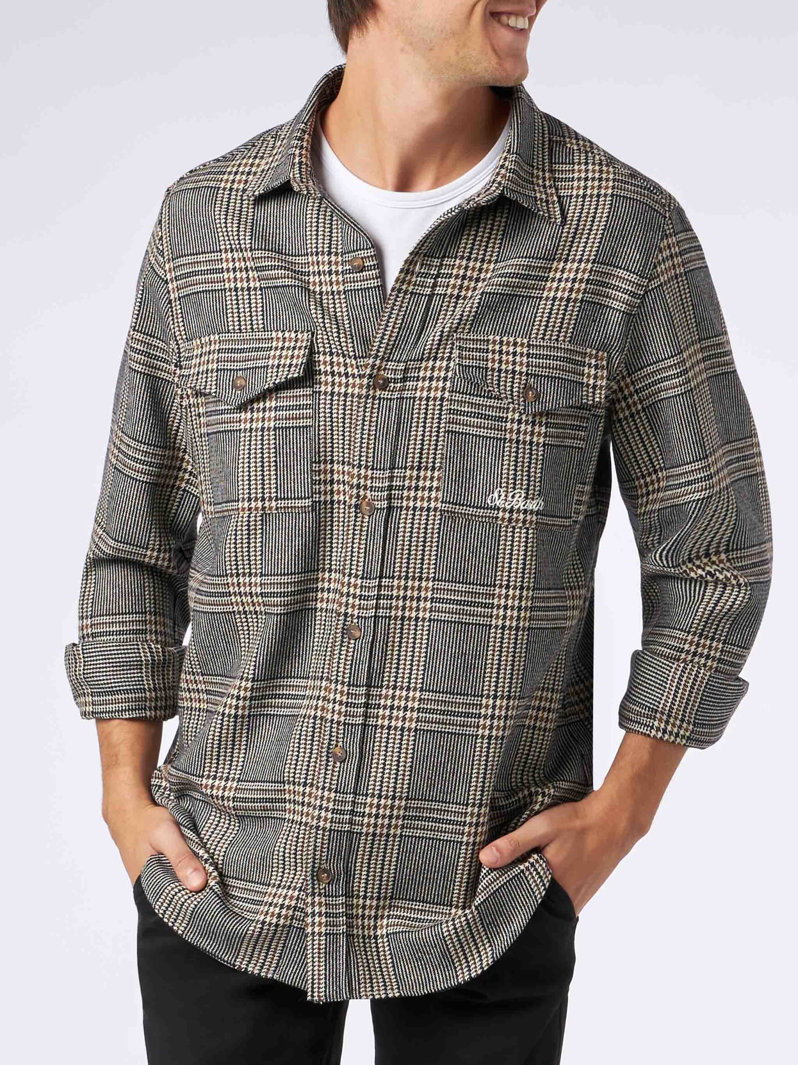 Mc2 Saint Barth Man Wooly Shirt With Prince Of Wales Pattern In Blue