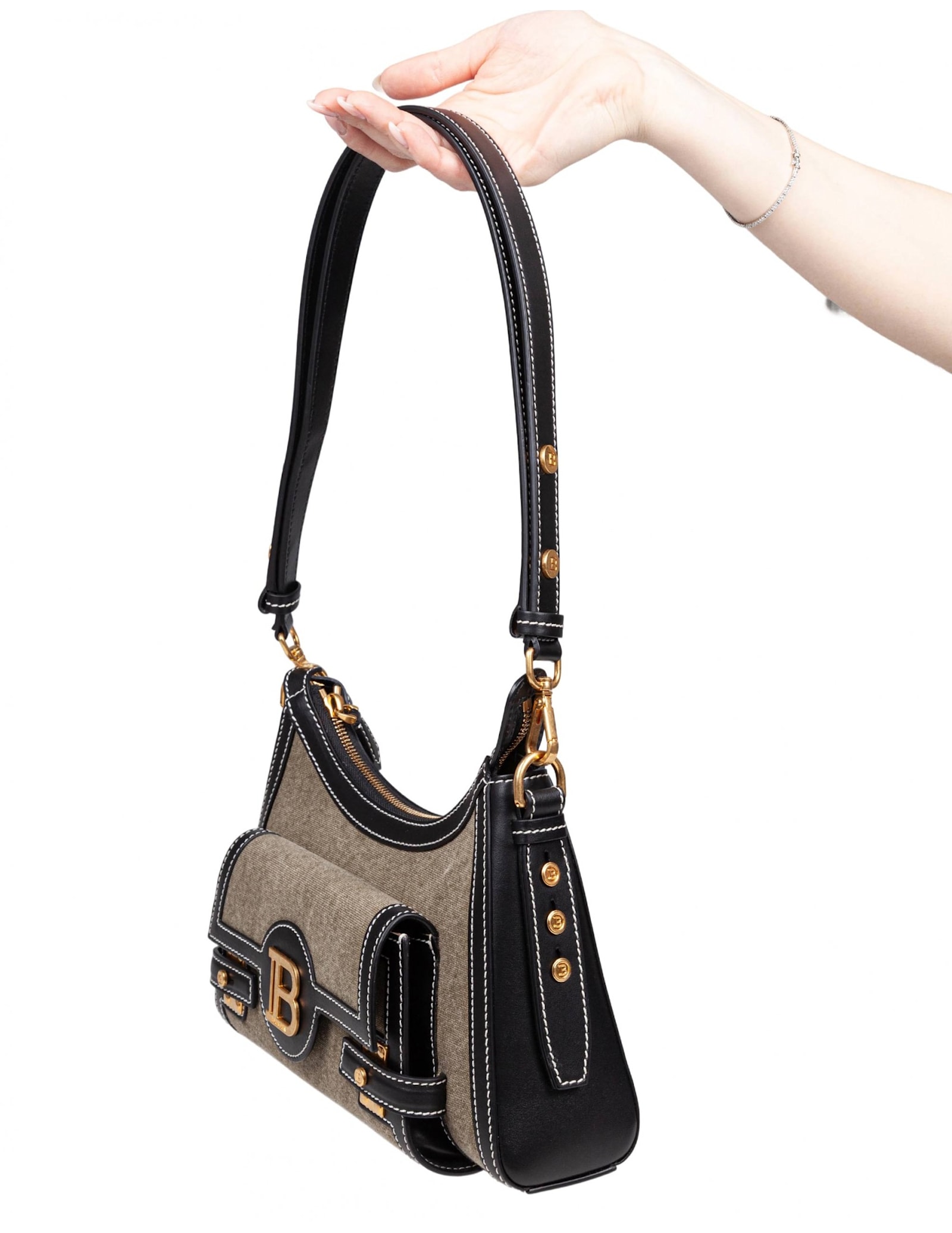 Balmain B-buzz Hobo Bag In Khaki In Kaki/noir