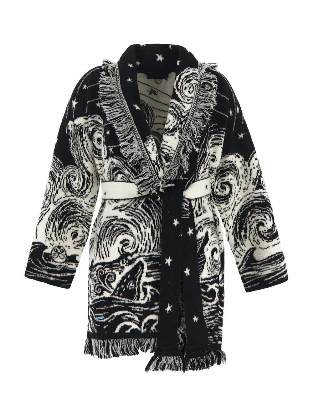 Alanui Belted Fringed Wool-blend Jacquard Cardigan In Nero