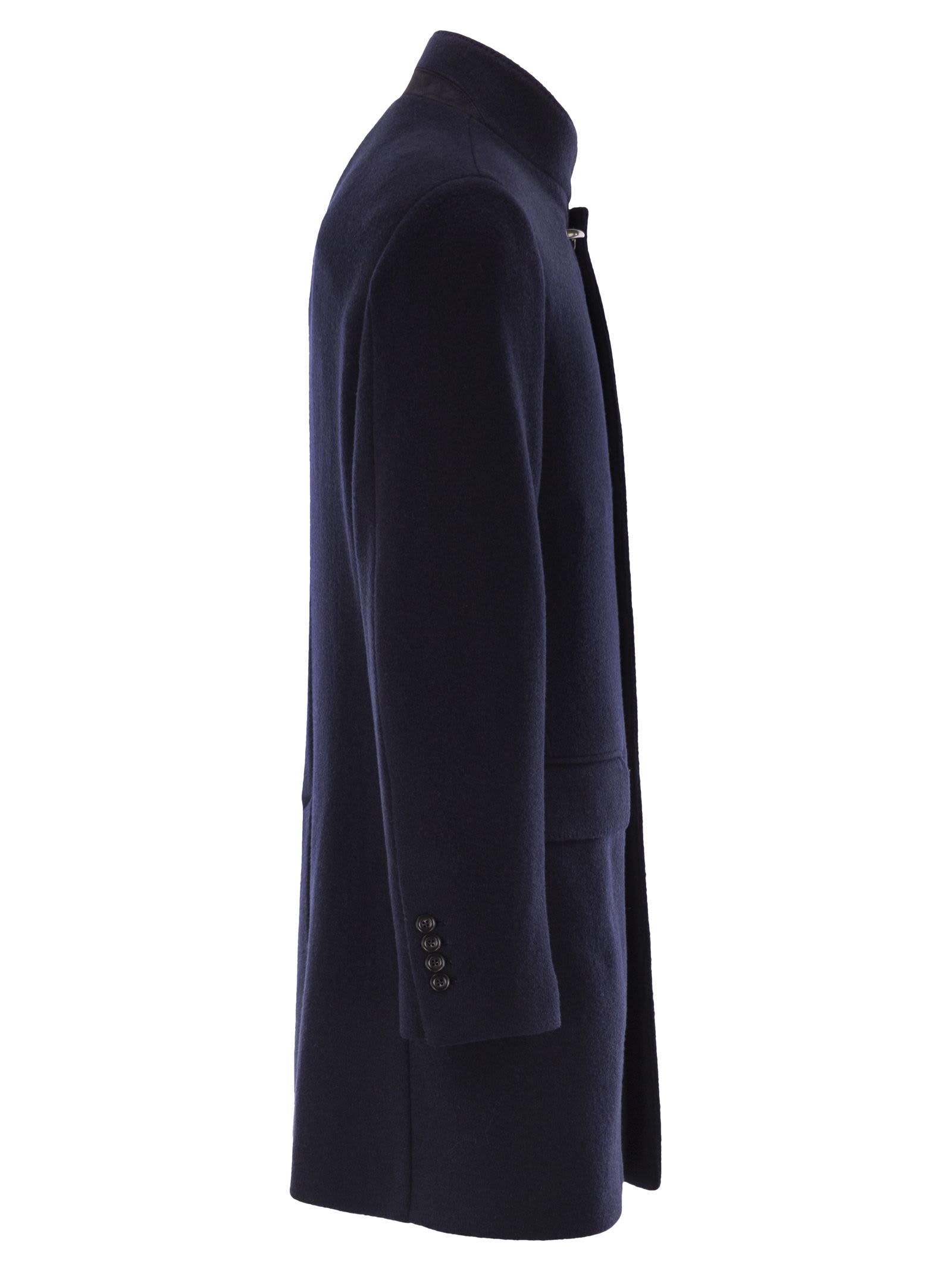 Fay Double Wool Blend Coat With Iconic Hook Closure And Flap Pockets In Blue