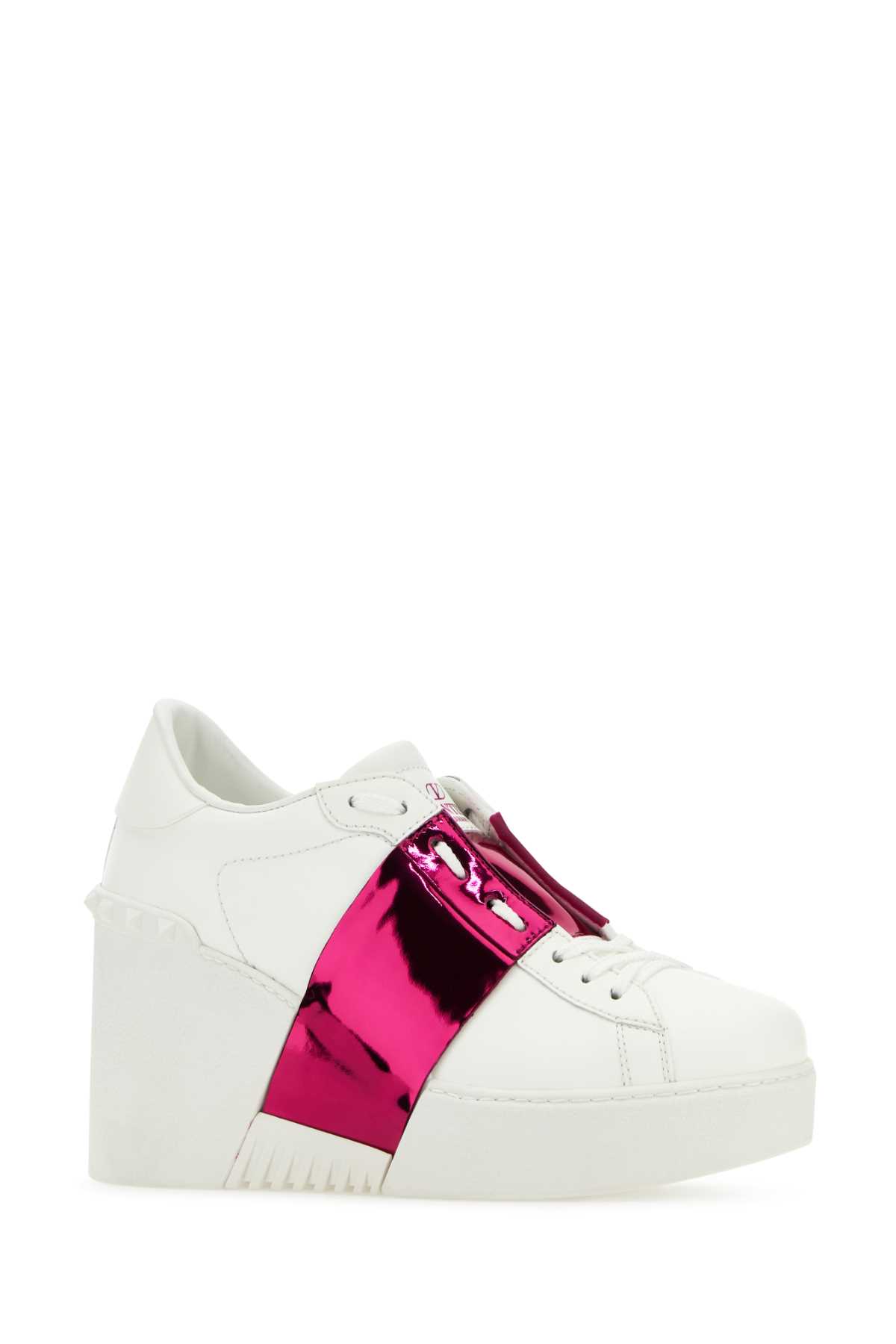 Valentino Garavani White Leather Untitled Sneakers With Fuchsia Band In Biaboubia