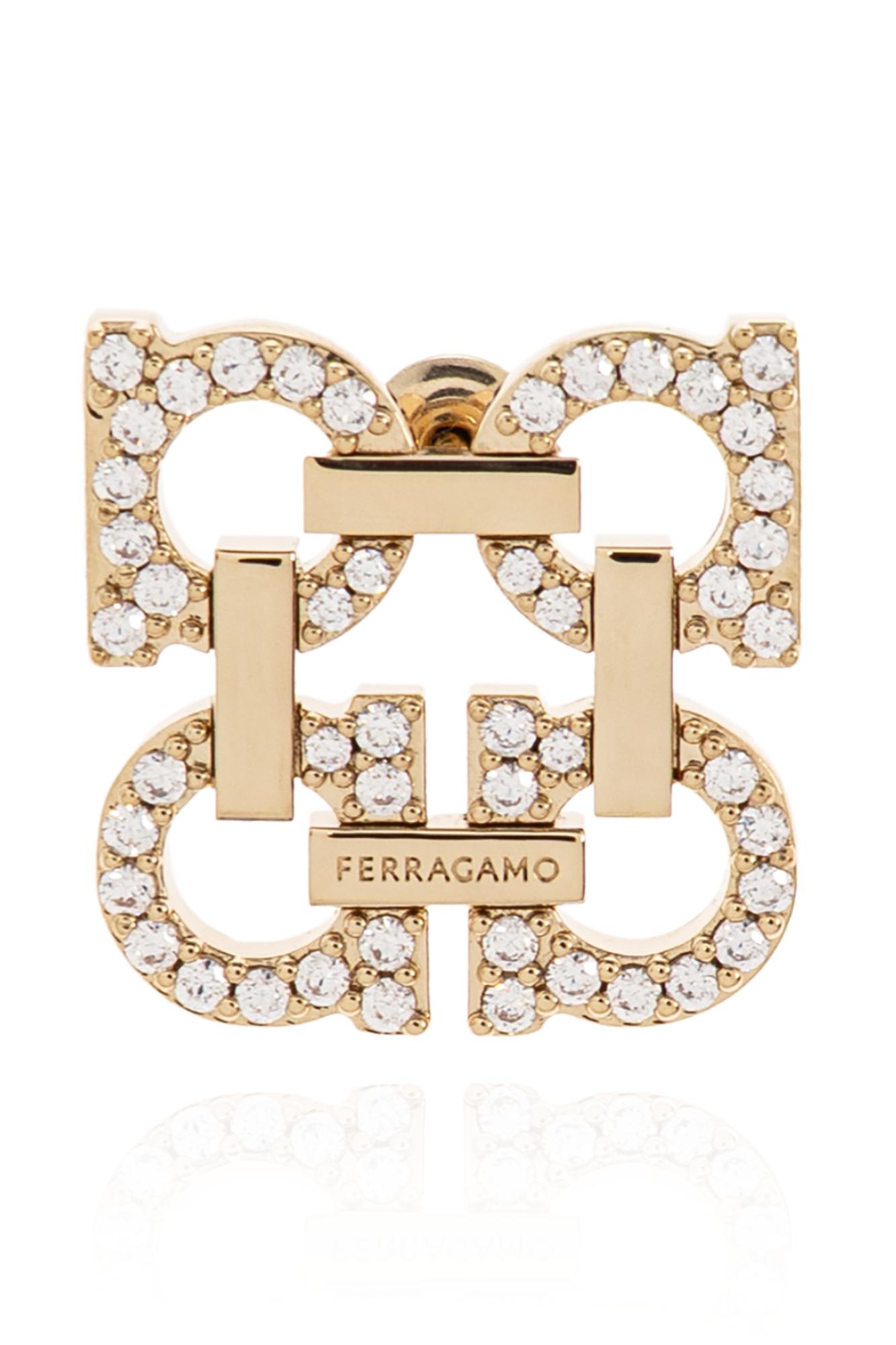 Ferragamo Crystal Embellished Four Gancini Clip On Earrings In Gold