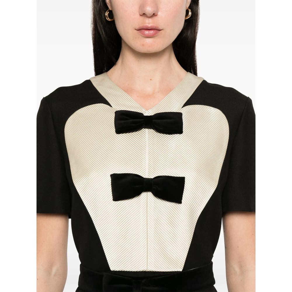 Valentino Bow-detailed Velvet And Ribbed Satin-trimmed Wool And Silk-blend Mini Dress In Black