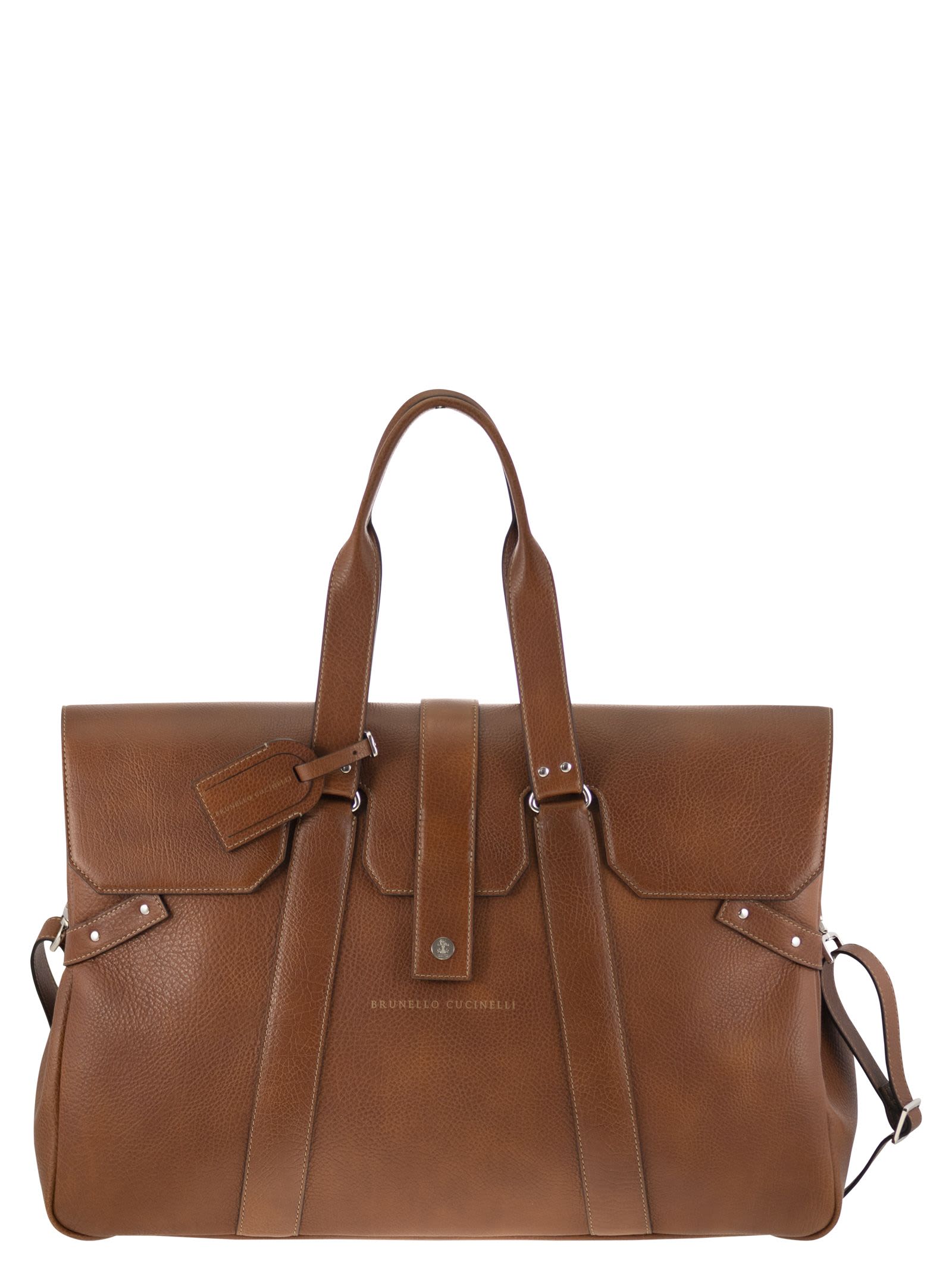 Shop Brunello Cucinelli Country Weekender Bag In Calfskin With Grain In Cognac