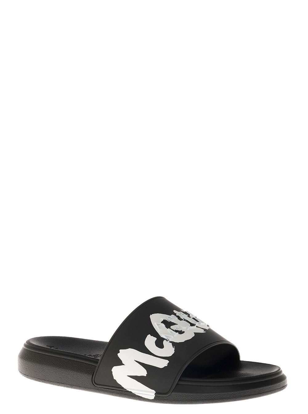 Shop Alexander Mcqueen Mans Black Rubber Slide Sandals With Logo