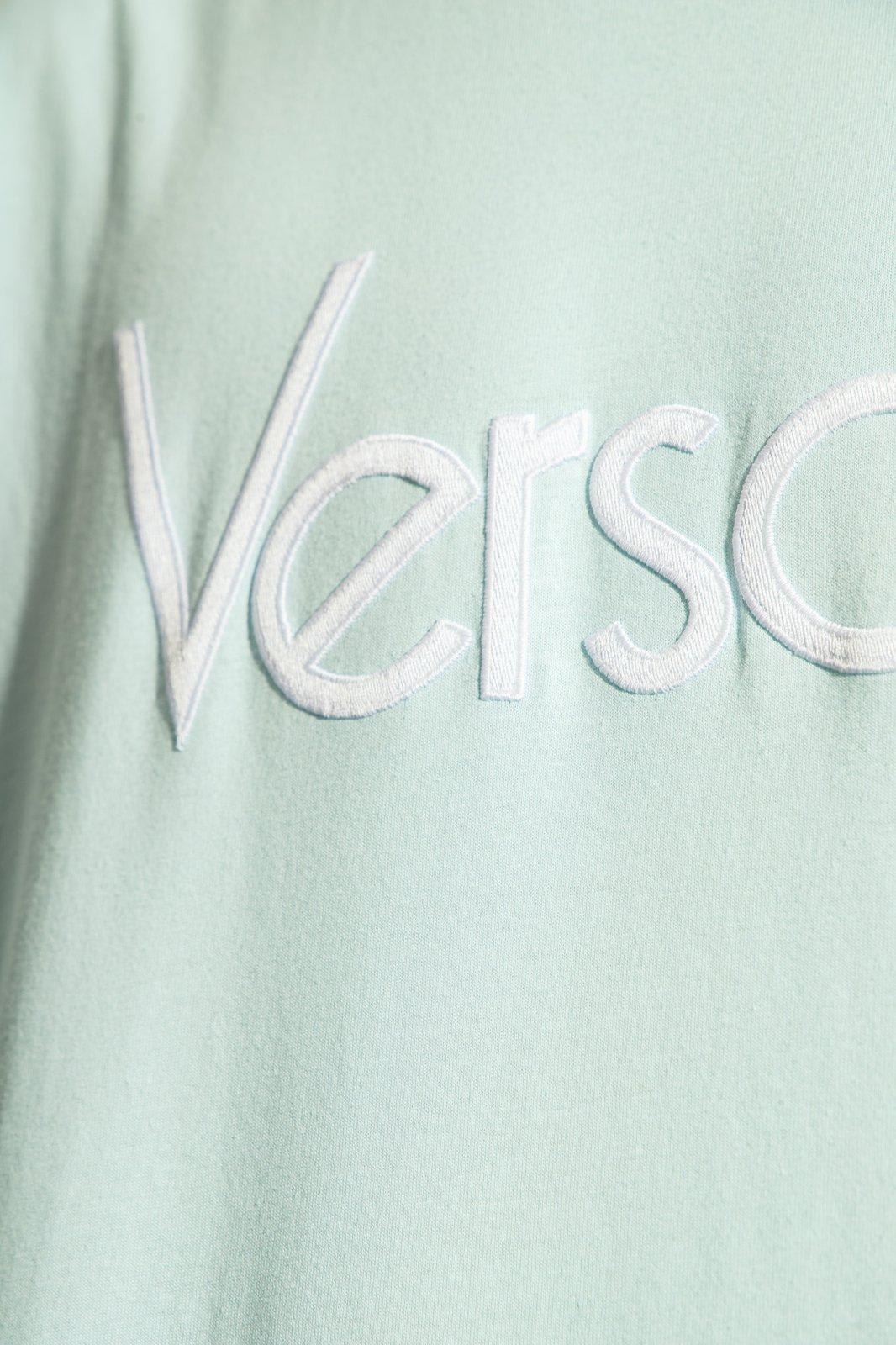 Shop Versace Logo-embroidered Crewneck T-shirt In Pale Blue
